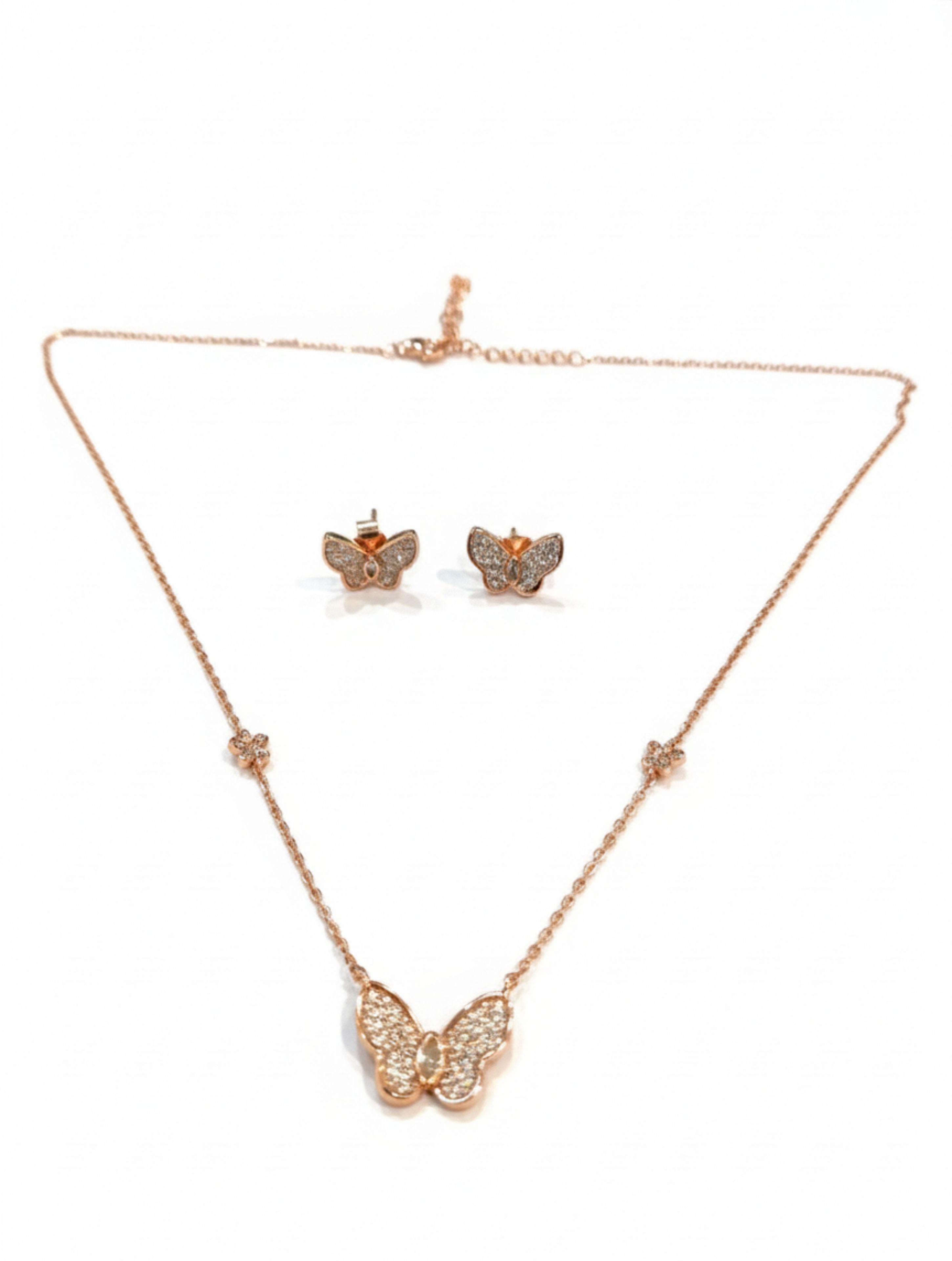 Rose Gold Butterfly Pendant and Stud Earring Set in 925 Sterling Silver