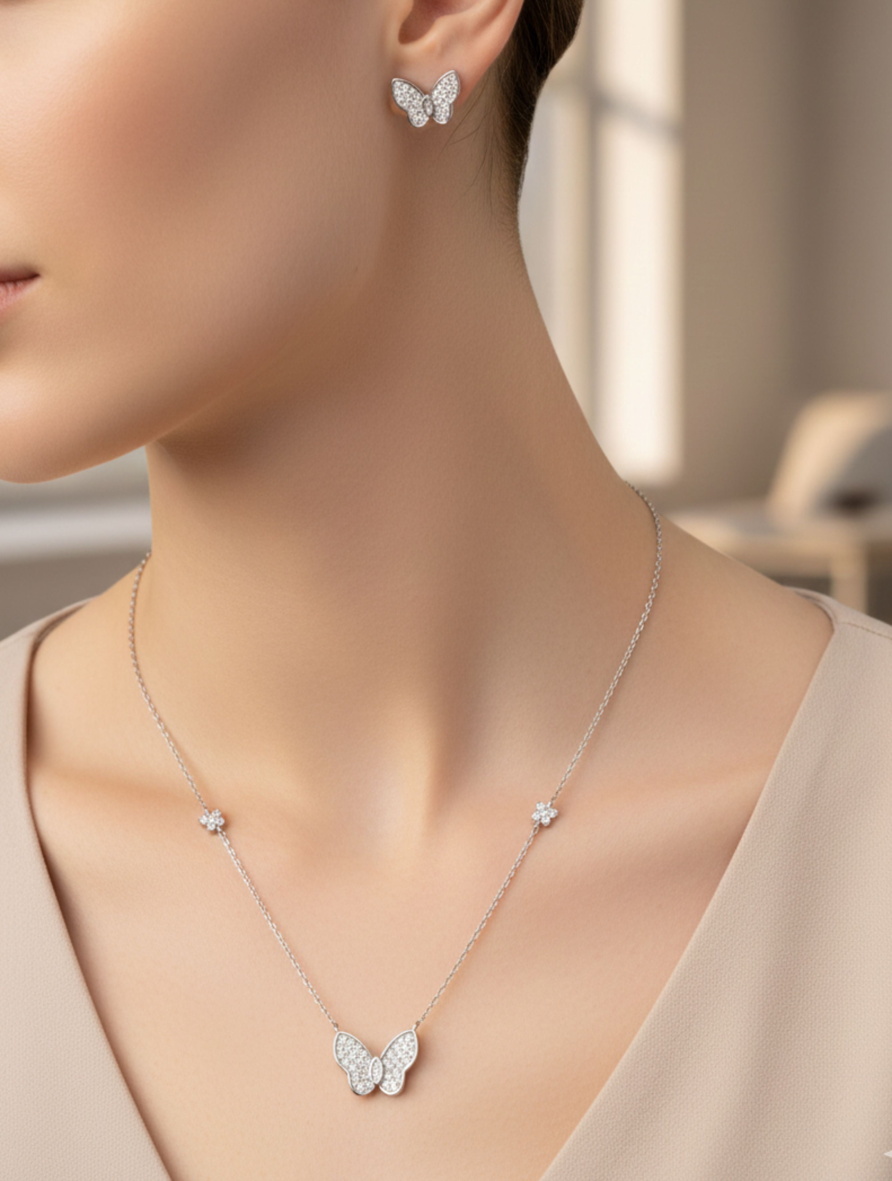 Butterfly Pendant and Stud Earring Set in 925 Sterling Silver