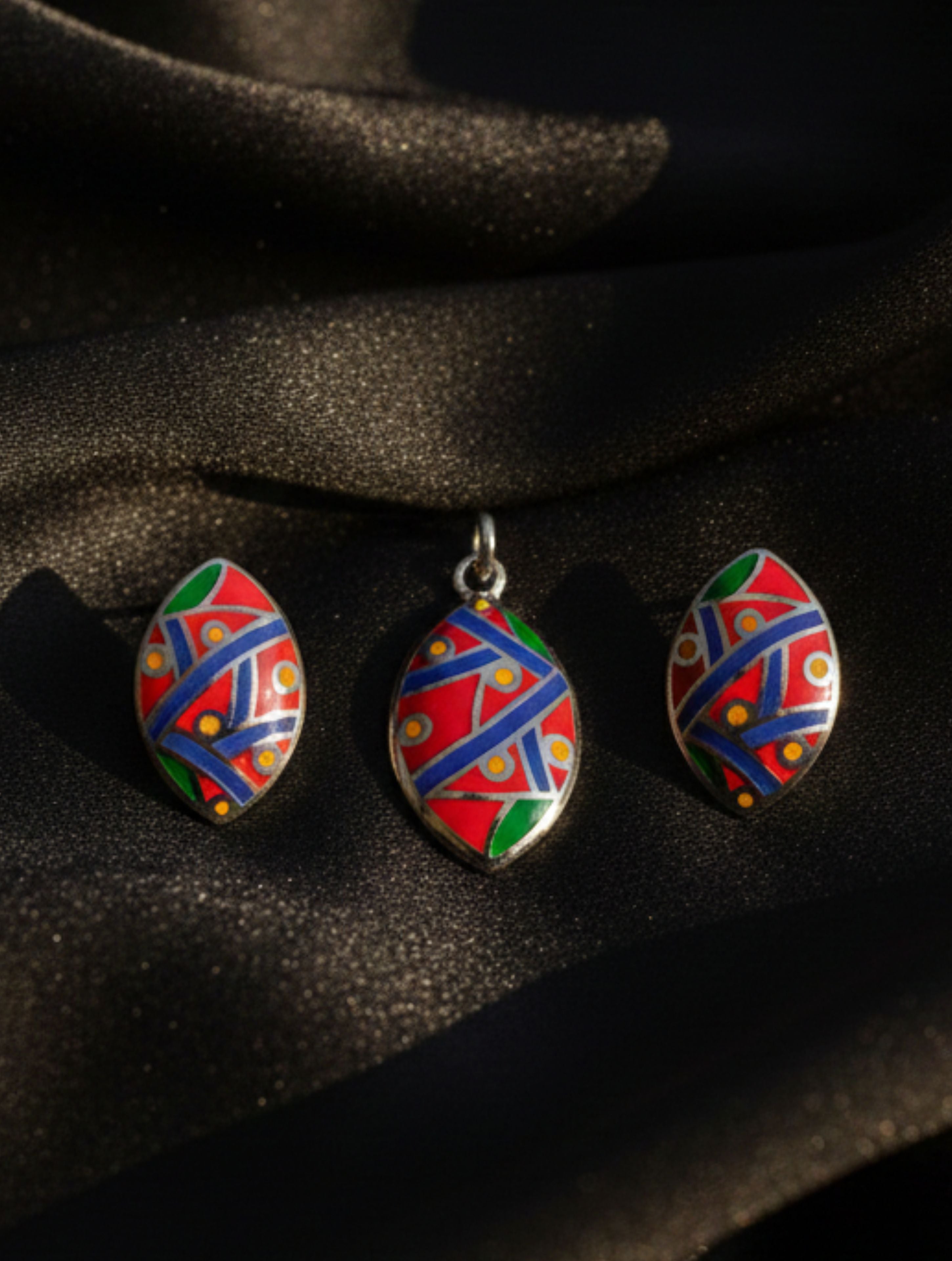 Artisan Hand-Enameled Abstract Pendant and Earring Set in 925 Silver