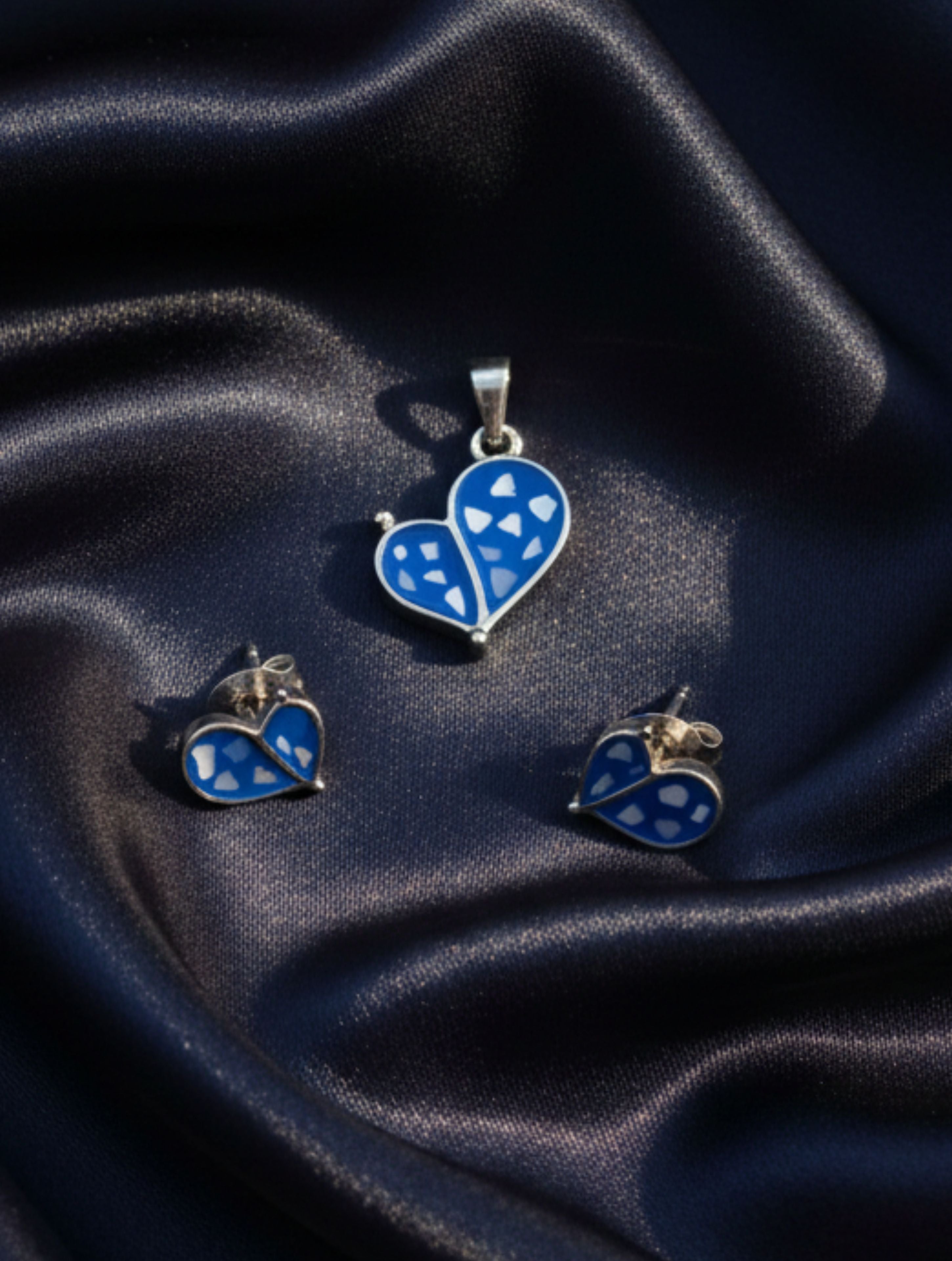 925 Sterling Silver Blue Mosaic Heart Pendant & Stud Earring Set