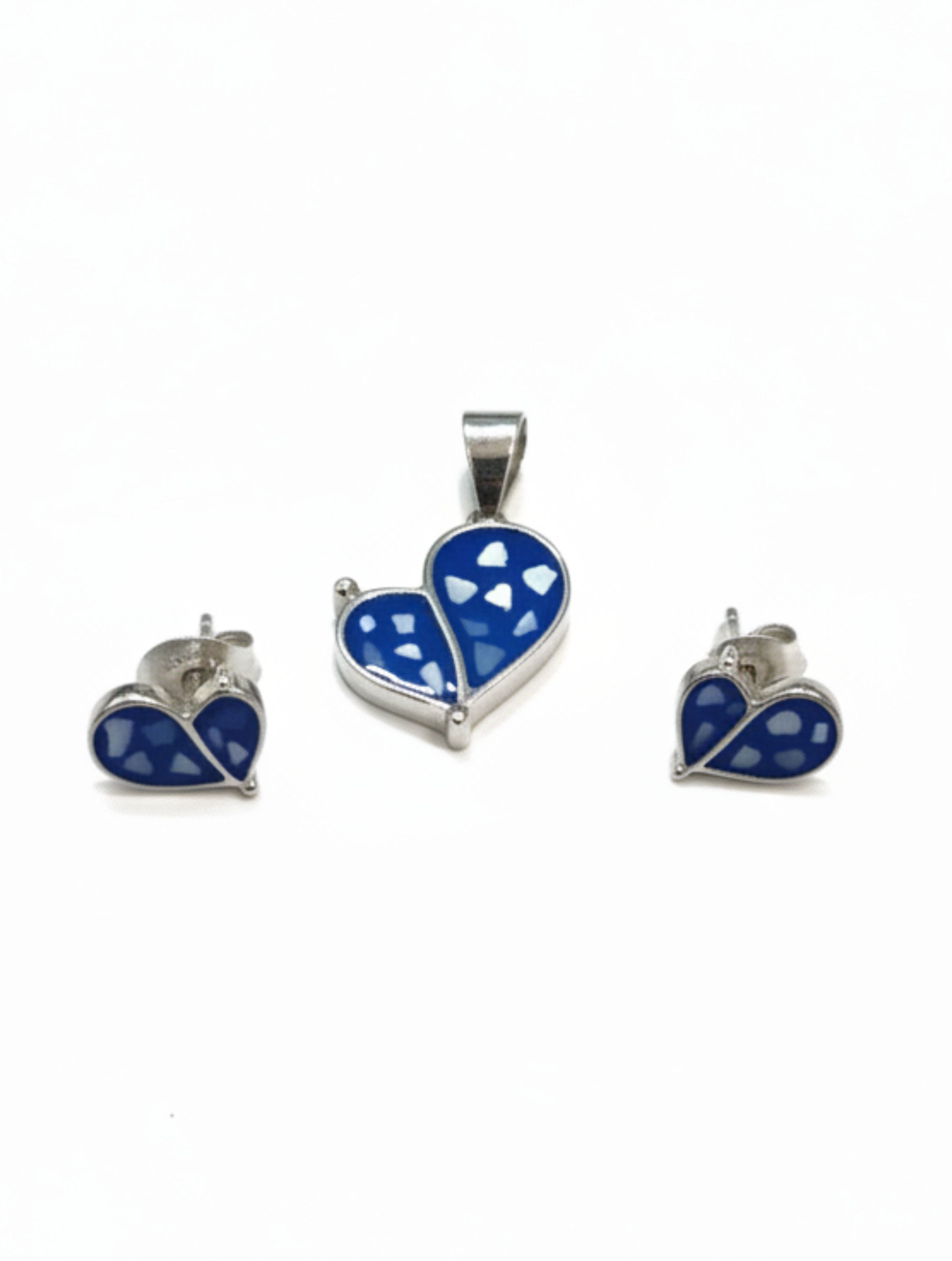 925 Sterling Silver Blue Mosaic Heart Pendant & Stud Earring Set