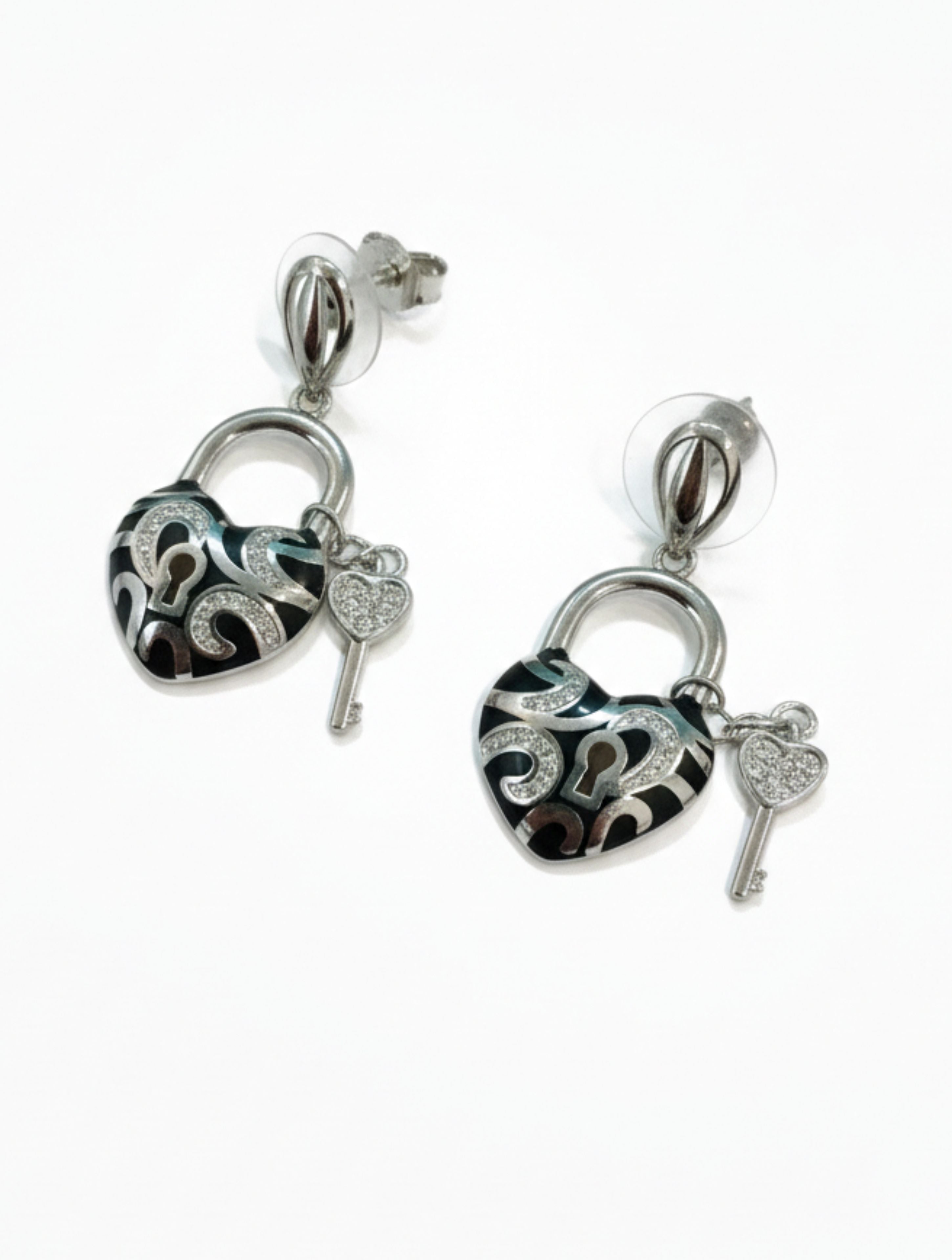 Enchanted Heart Lock & Key Jewelry Set – 925 Sterling Silver & Black Enamel with CZ Accents