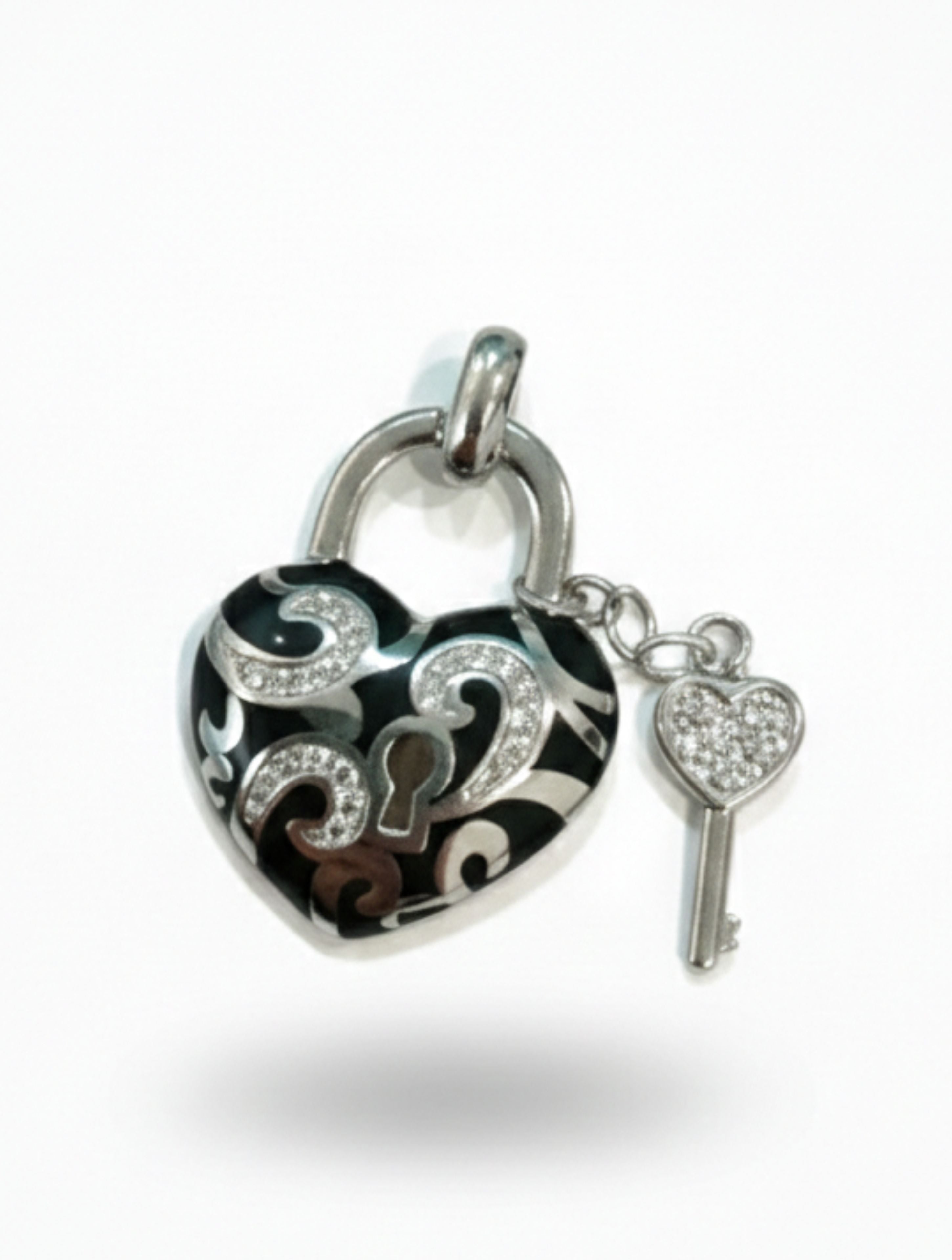 Enchanted Heart Lock & Key Jewelry Set – 925 Sterling Silver & Black Enamel with CZ Accents