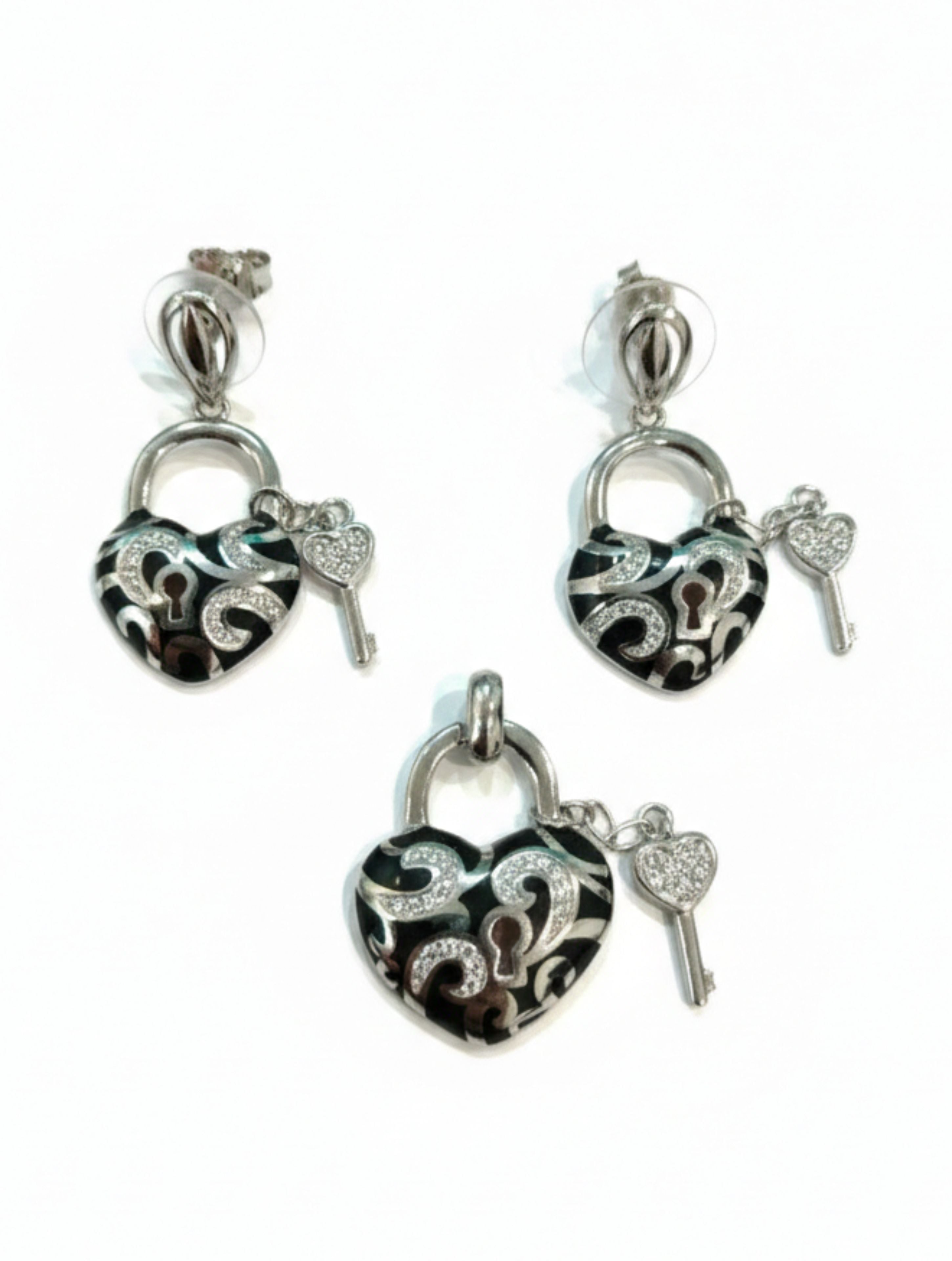 Enchanted Heart Lock & Key Jewelry Set – 925 Sterling Silver & Black Enamel with CZ Accents