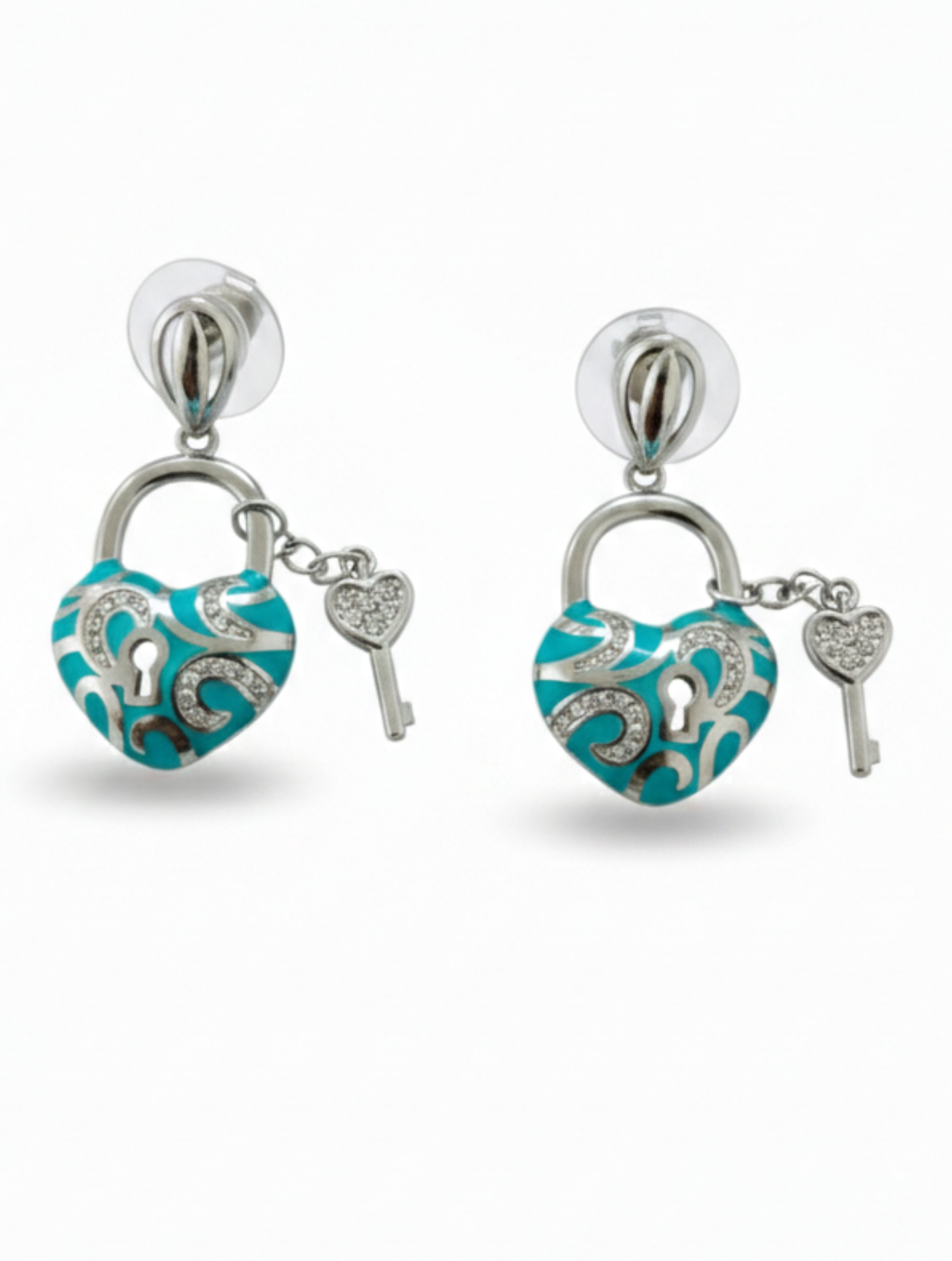Turquoise Enamel & CZ Heart Padlock Pendant and Earrings Set in Sterling Silver