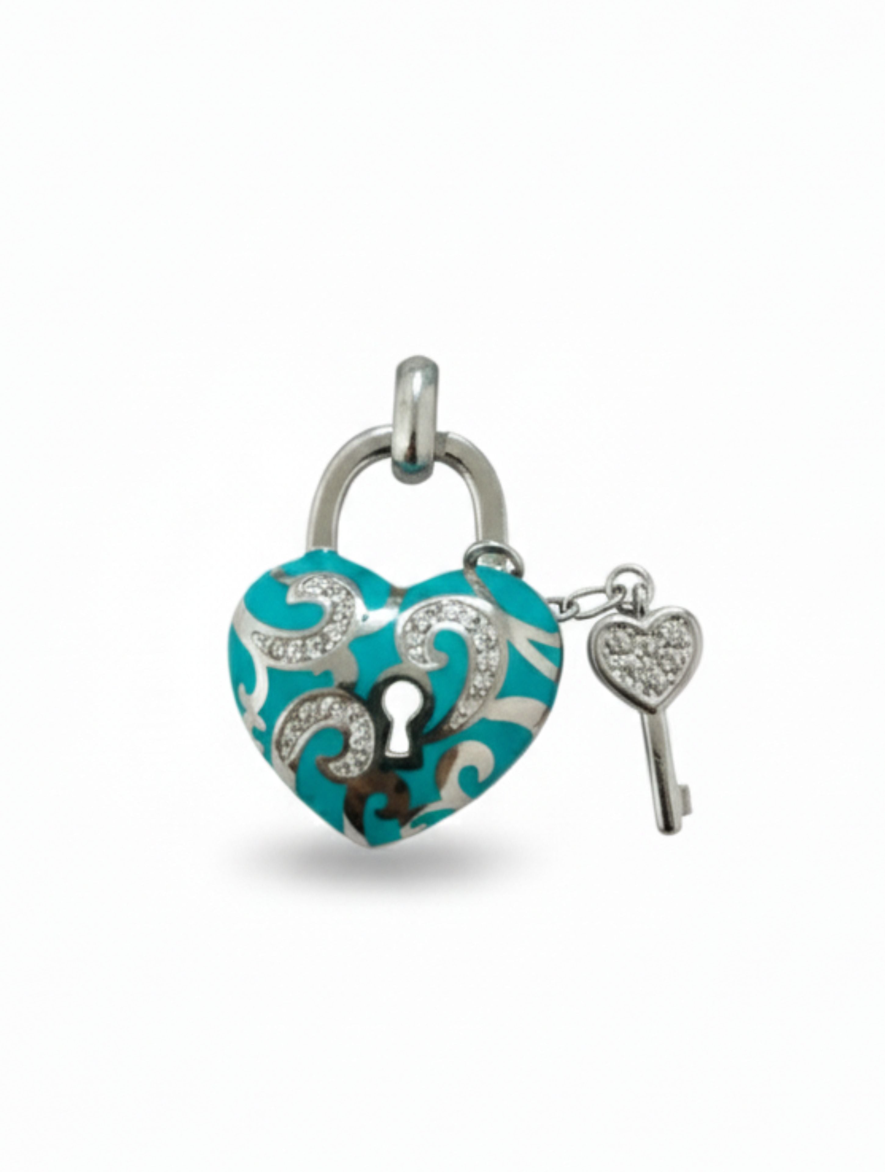 Turquoise Enamel & CZ Heart Padlock Pendant and Earrings Set in Sterling Silver