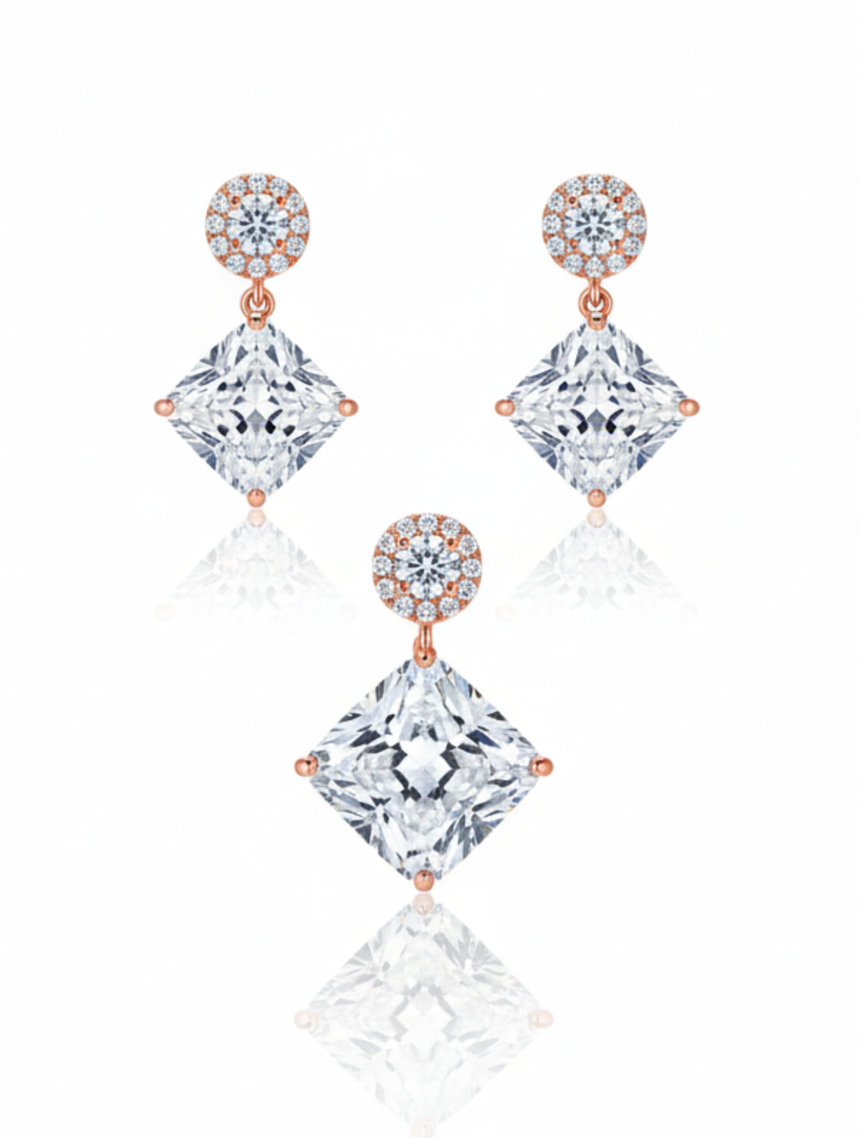 Rose Gold Sterling Silver Princess-Cut Halo Drop Pendant & Earring Set