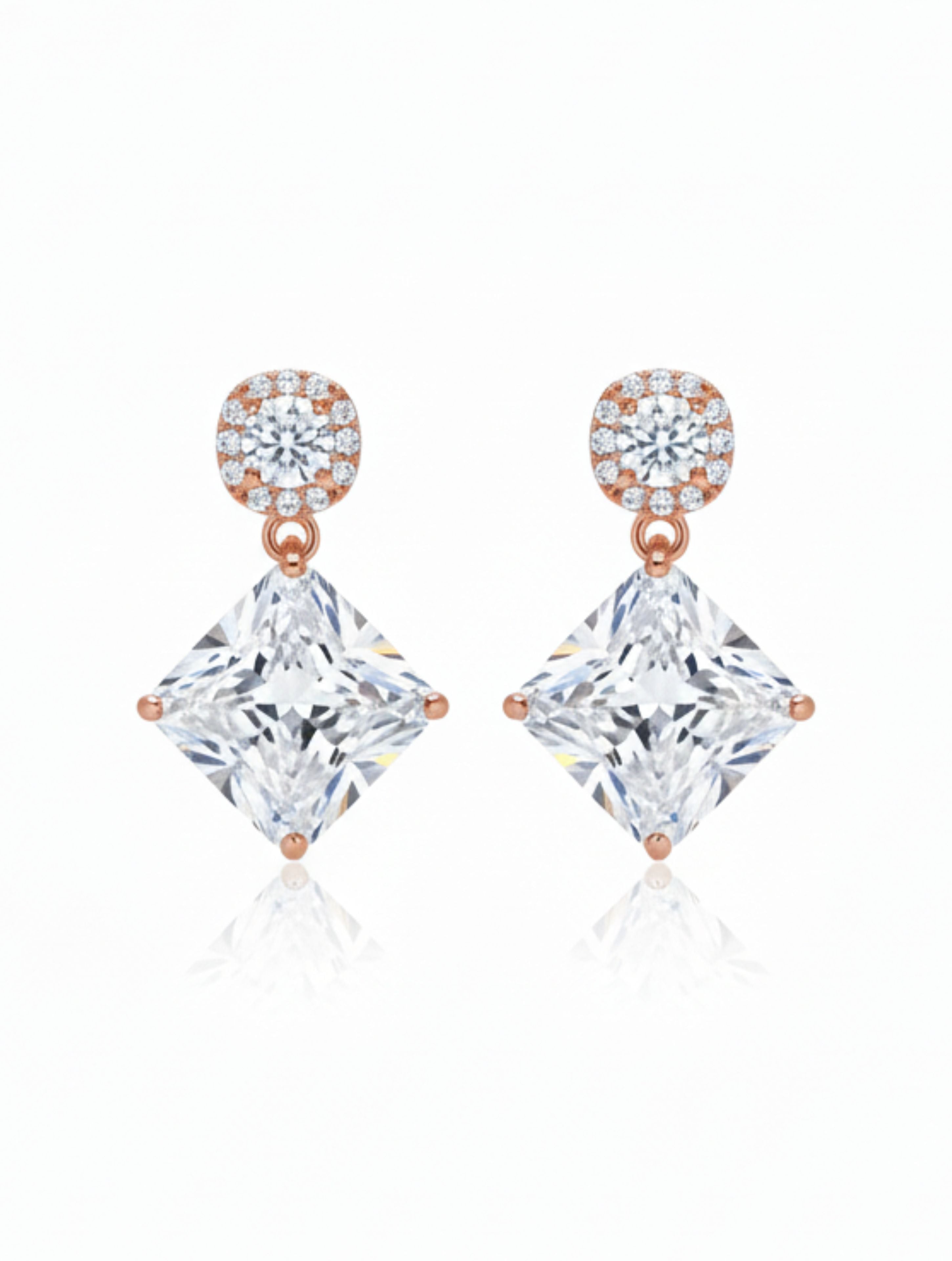 Rose Gold Sterling Silver Princess-Cut Halo Drop Pendant & Earring Set