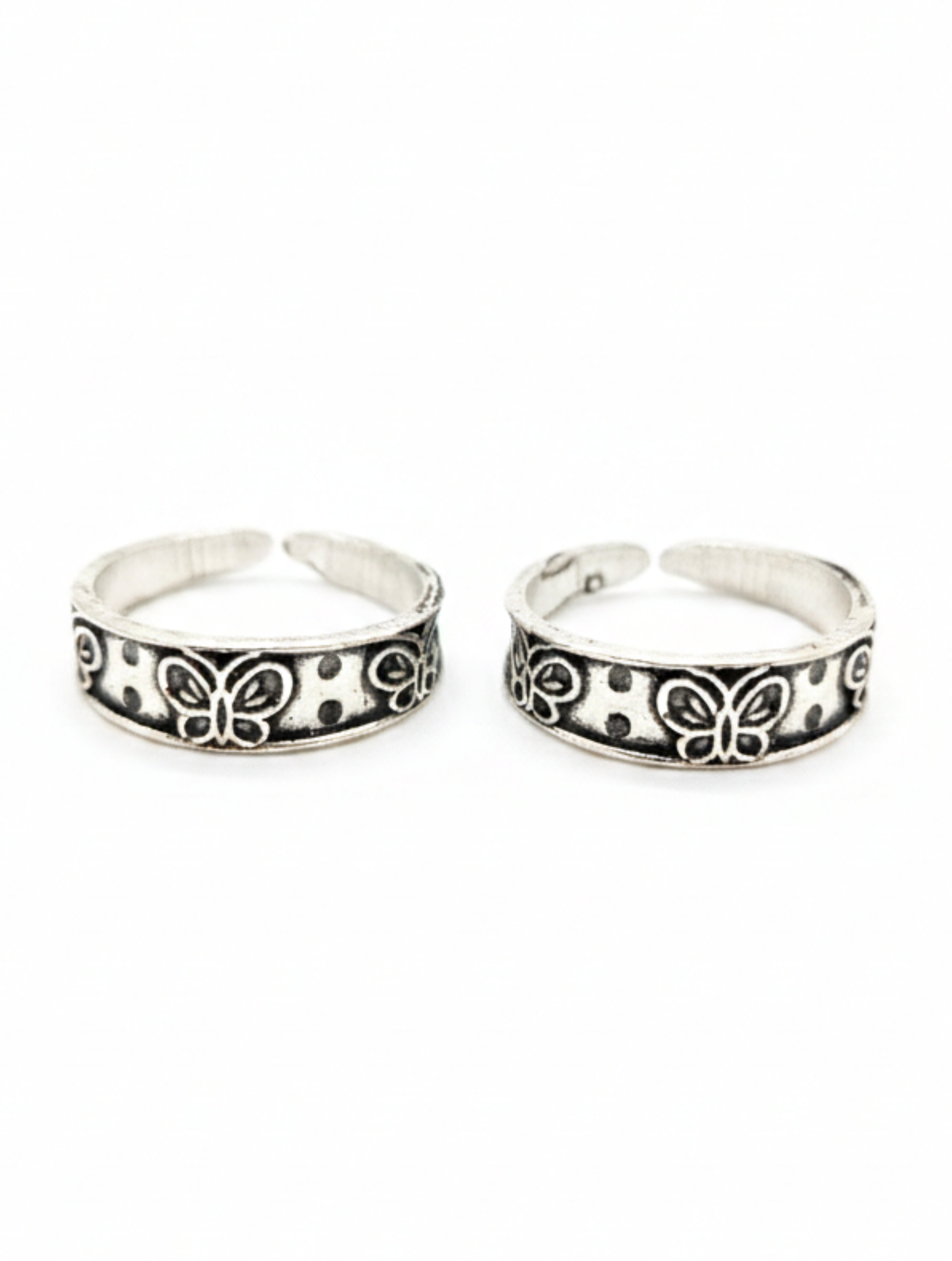 Butterfly Motif 925 Sterling Silver Oxidized Adjustable Toe Rings (Pair)
