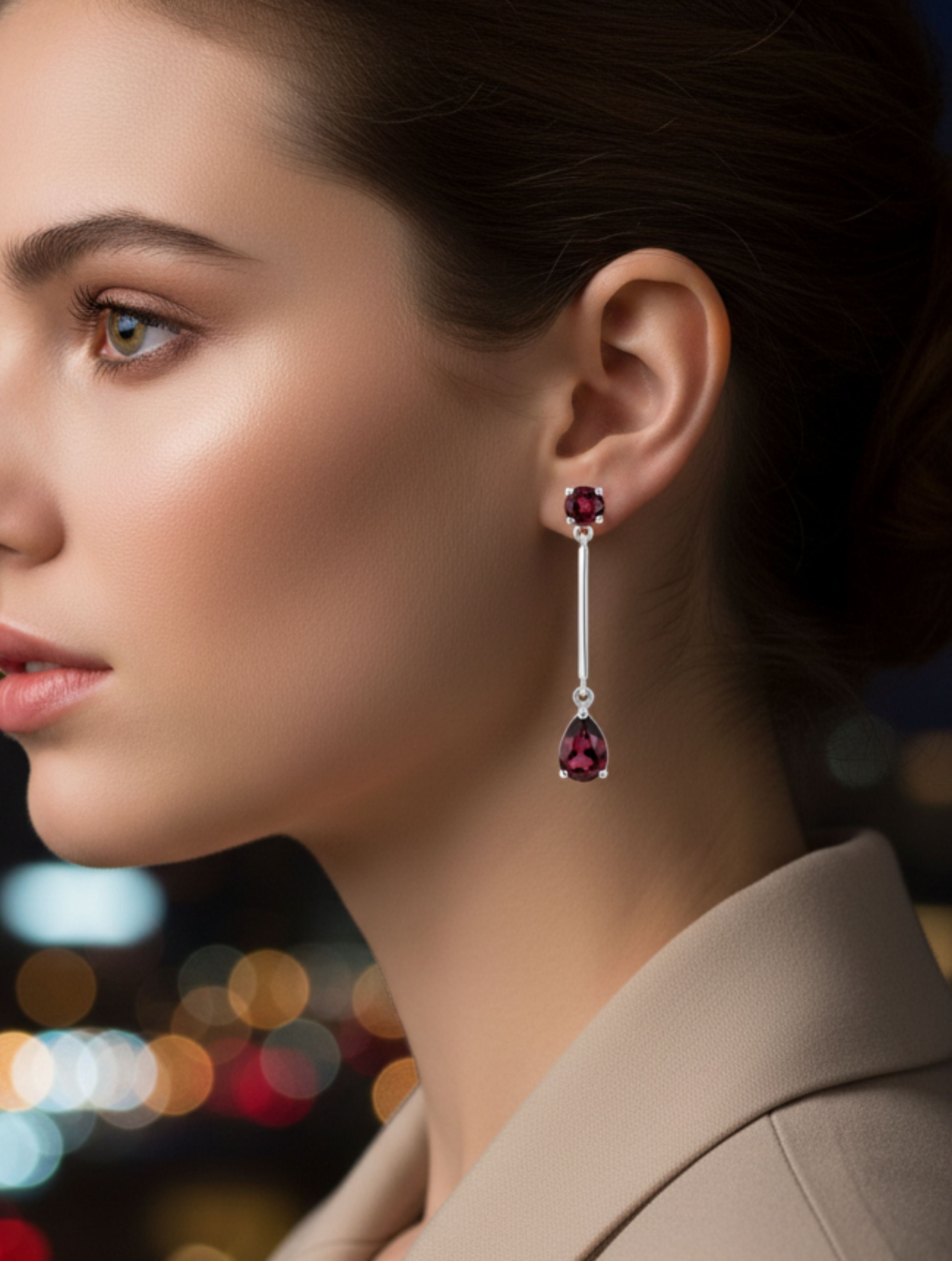 Natural Garnet & 925 Sterling Silver Geometric Drop Earrings