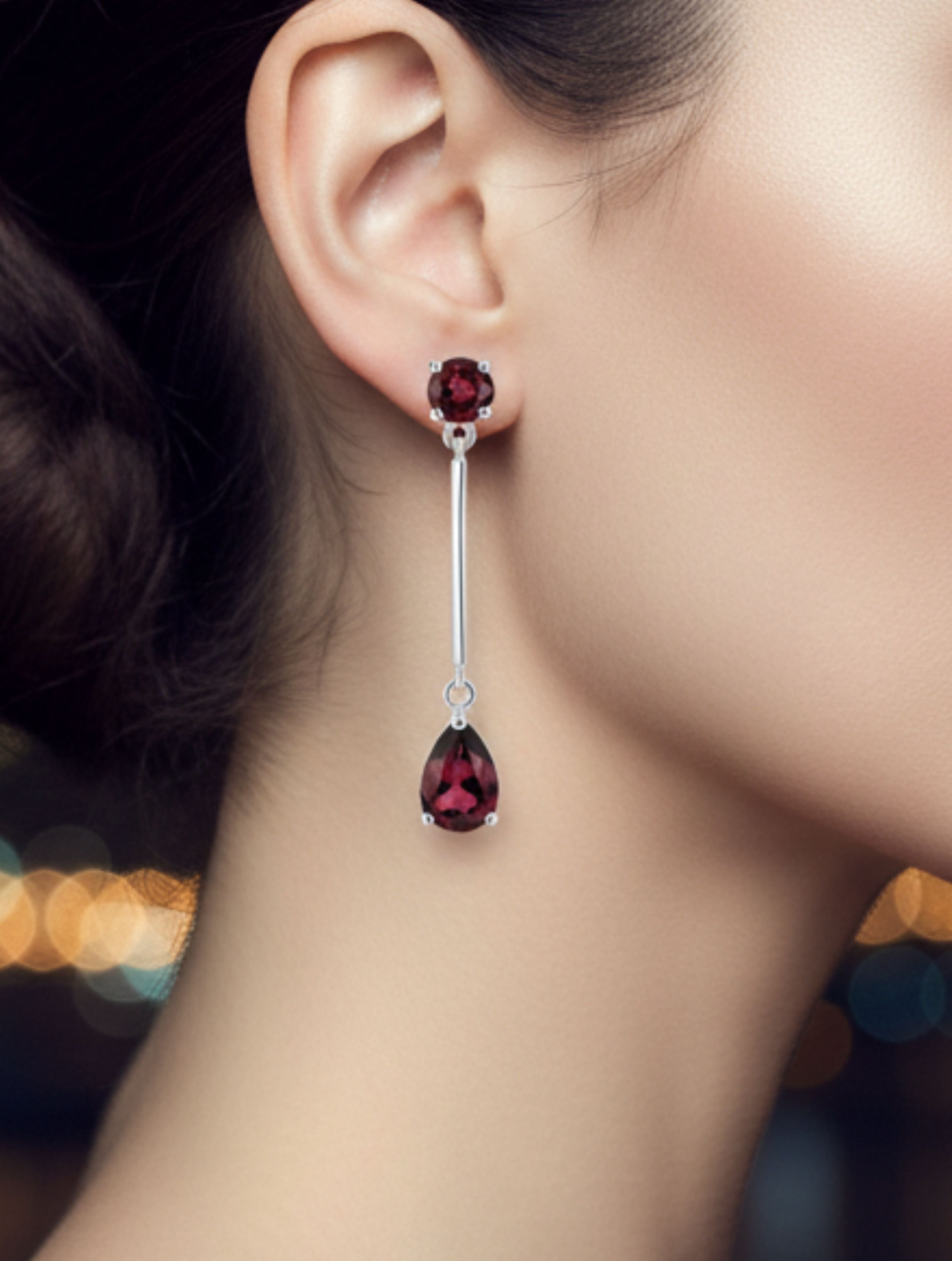 Natural Garnet & 925 Sterling Silver Geometric Drop Earrings