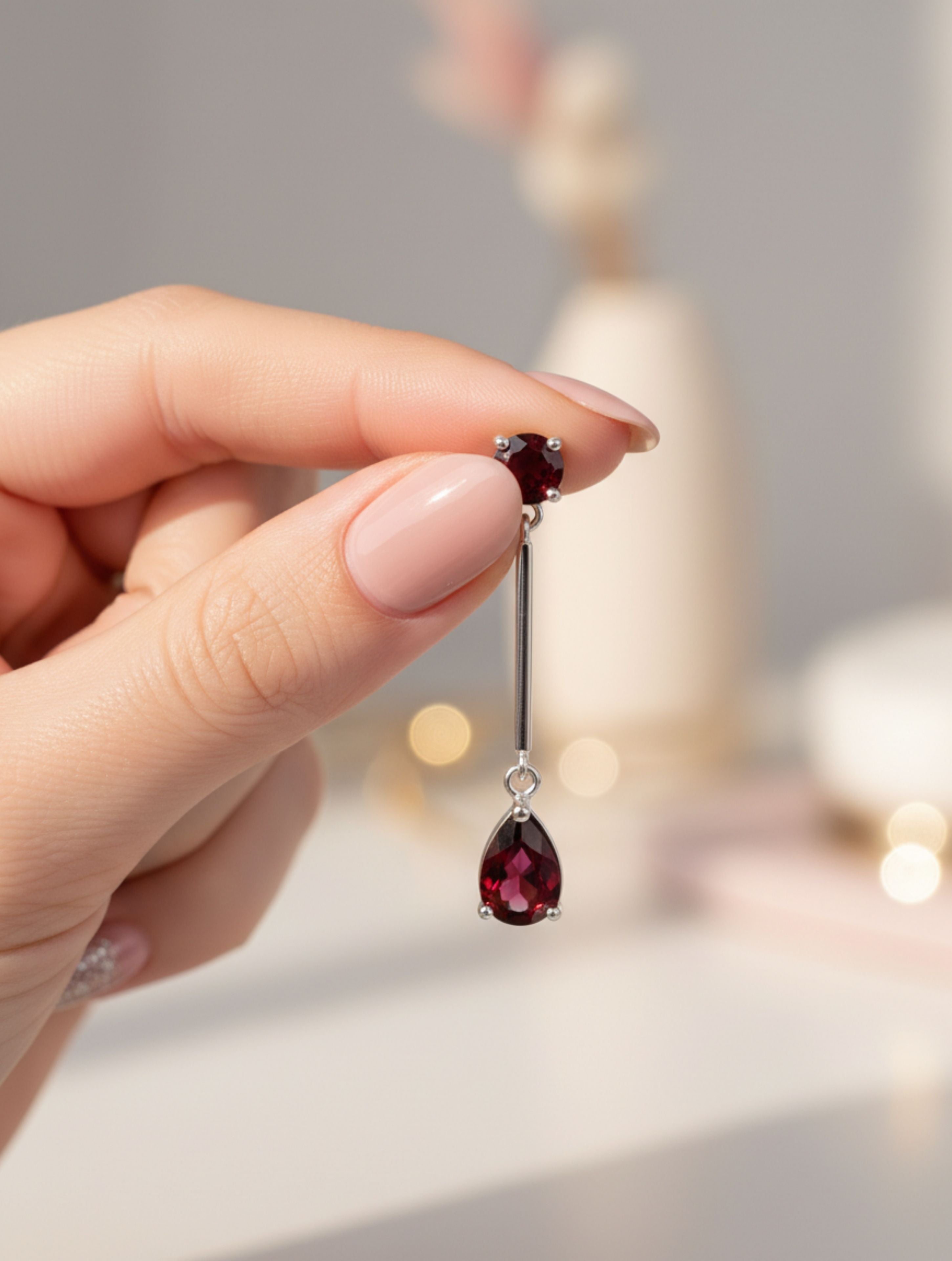 Natural Garnet & 925 Sterling Silver Geometric Drop Earrings