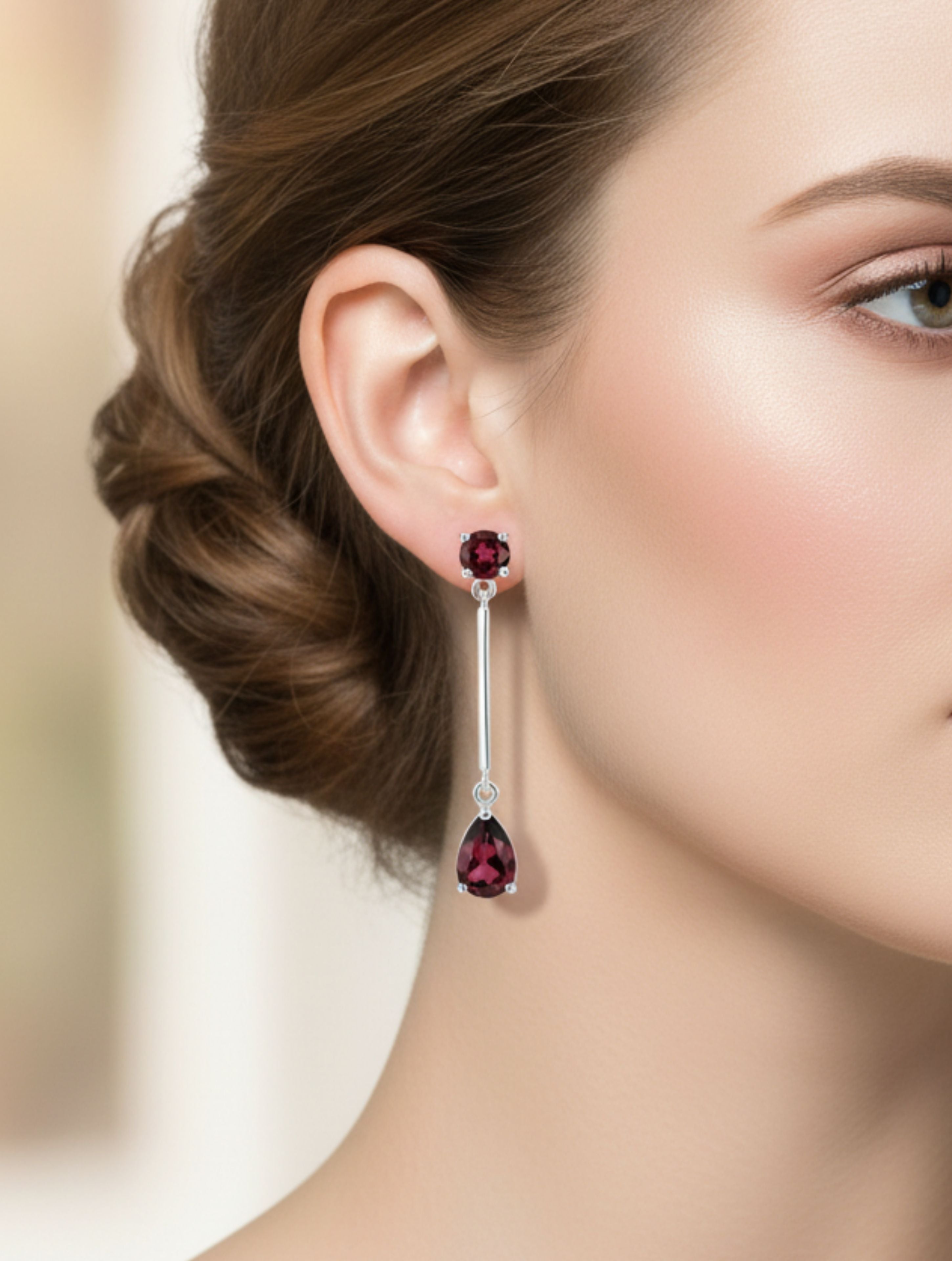 Natural Garnet & 925 Sterling Silver Geometric Drop Earrings