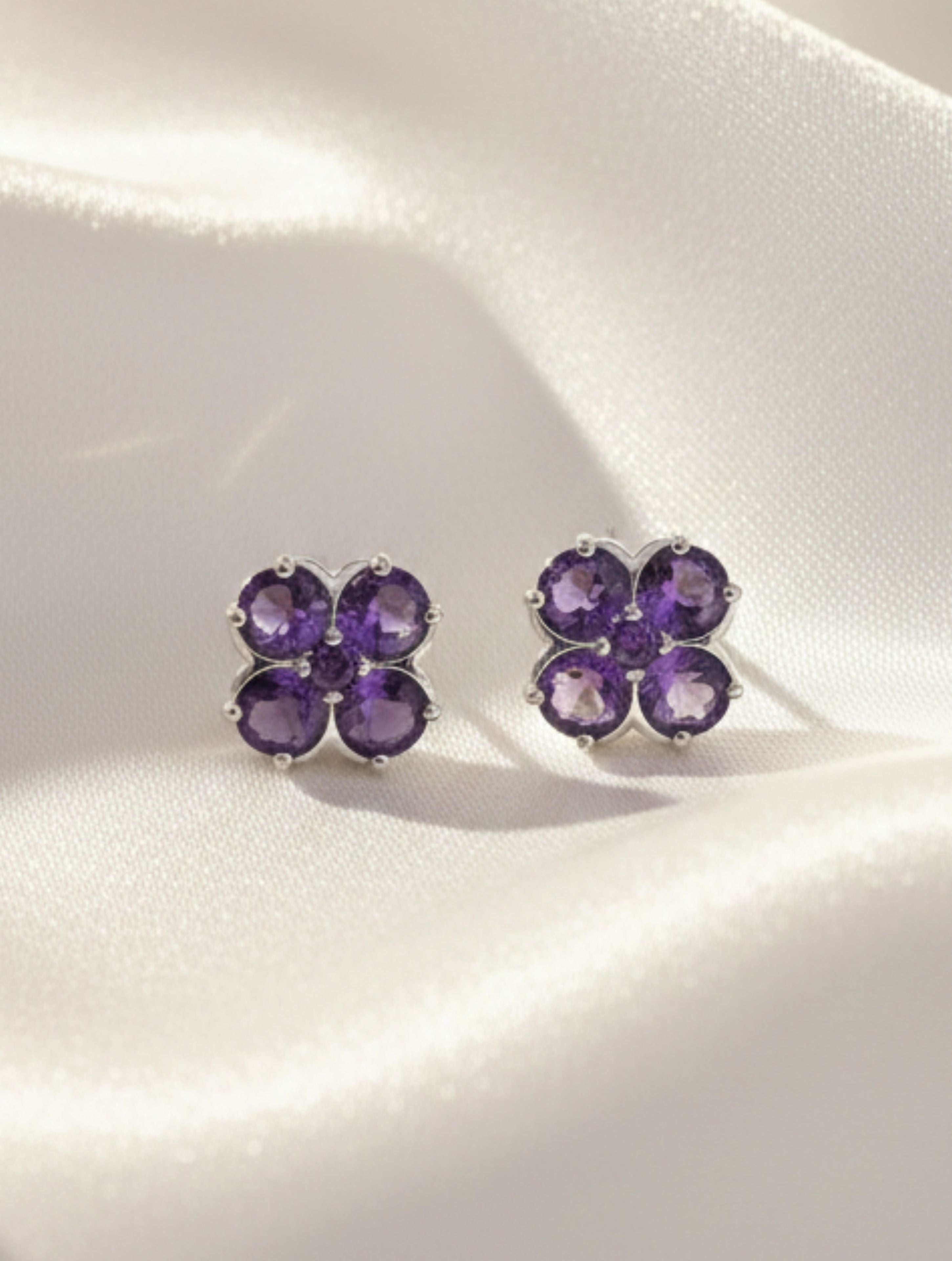 Natural Amethyst Four-Leaf Clover Stud Earrings in 925 Sterling Silver