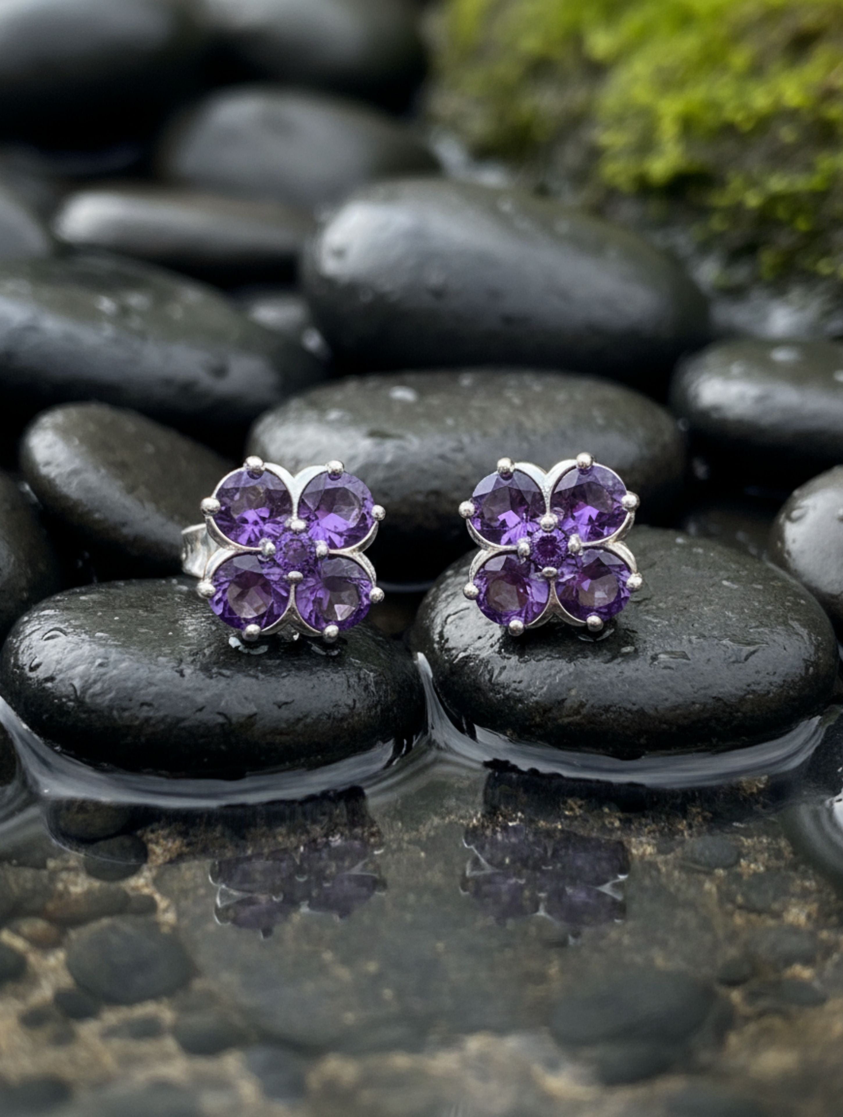 Natural Amethyst Four-Leaf Clover Stud Earrings in 925 Sterling Silver