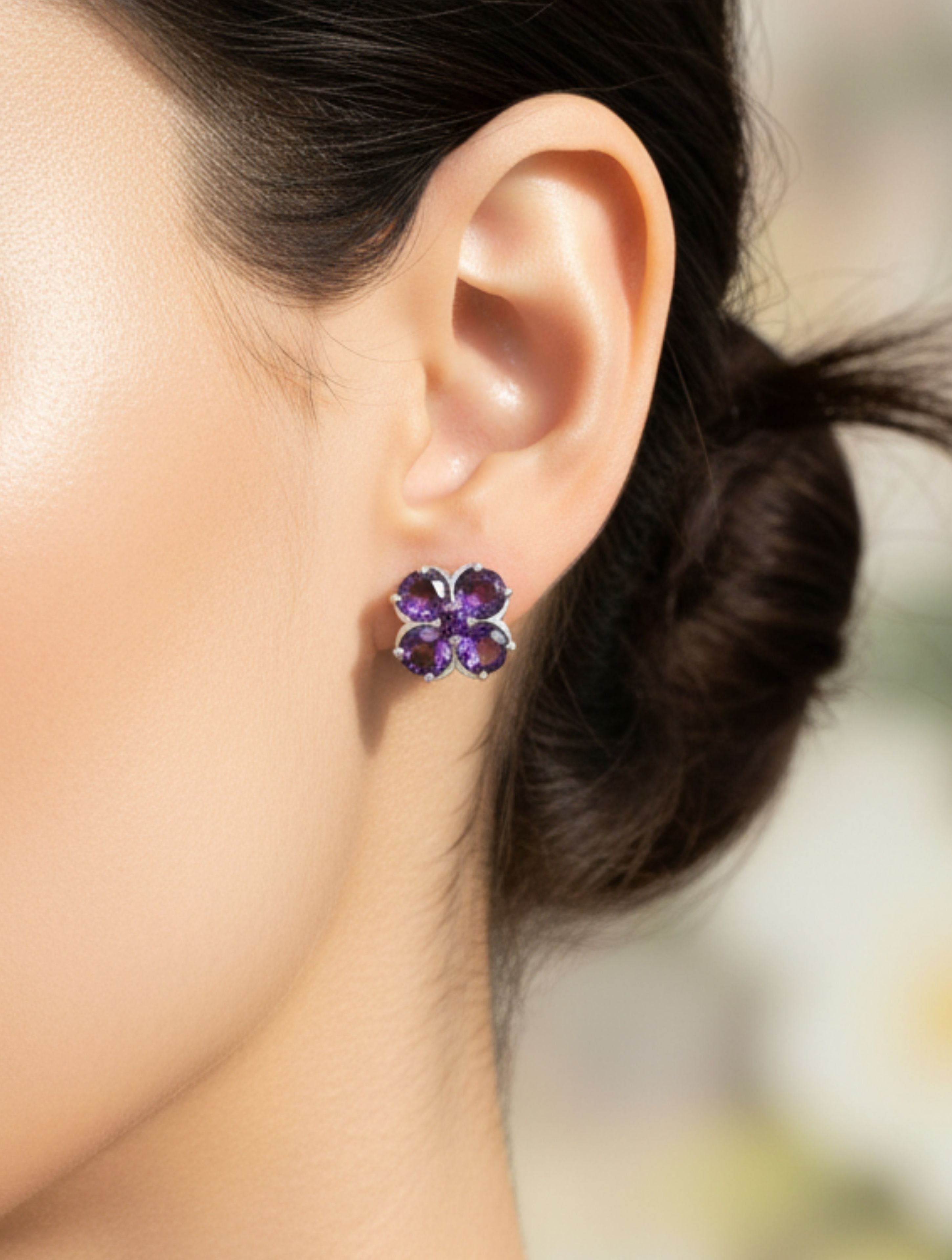 Natural Amethyst Four-Leaf Clover Stud Earrings in 925 Sterling Silver