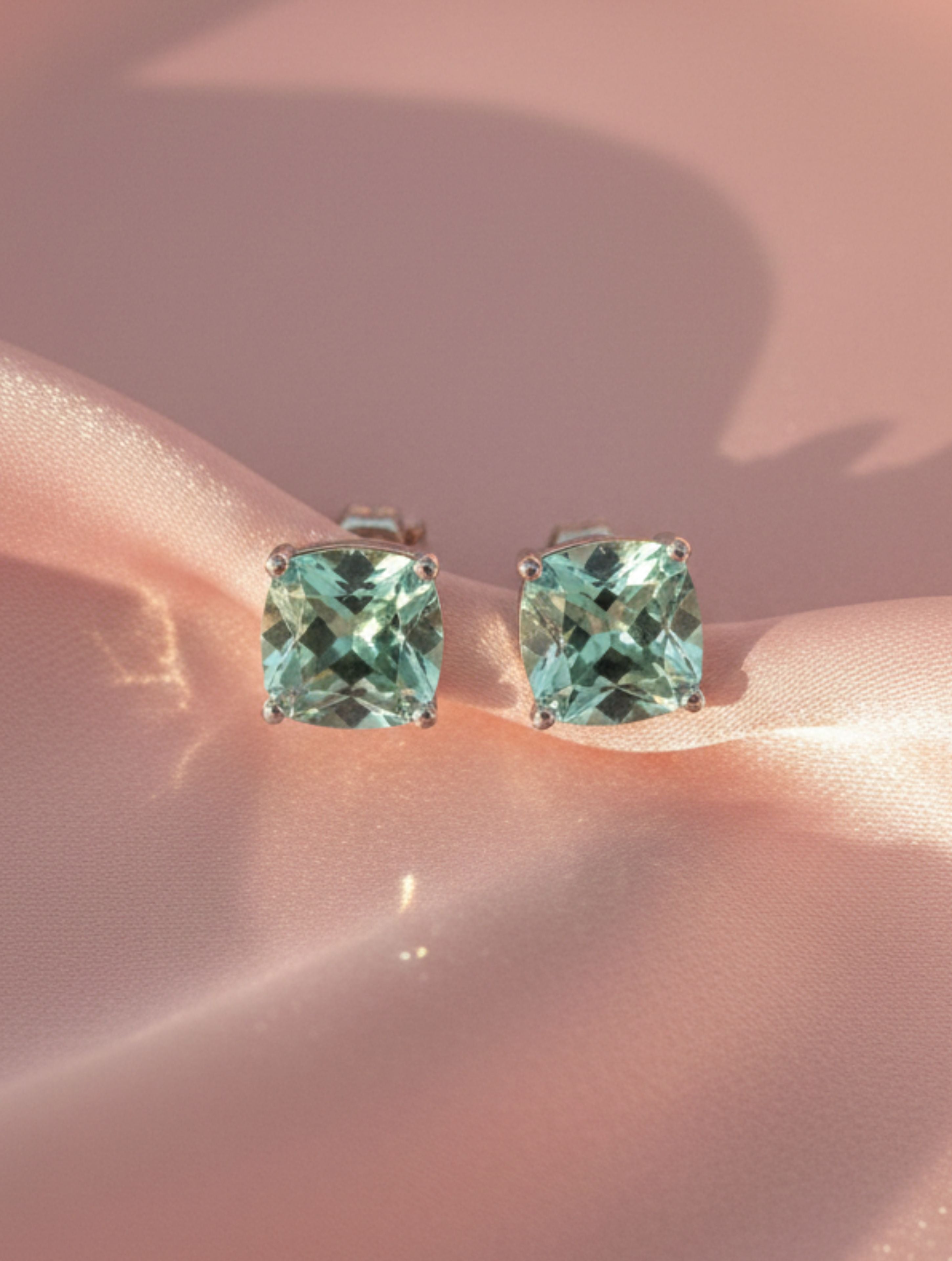 Natural Green Amethyst Cushion-Cut Solitaire Stud Earrings in 925 Sterling Silver