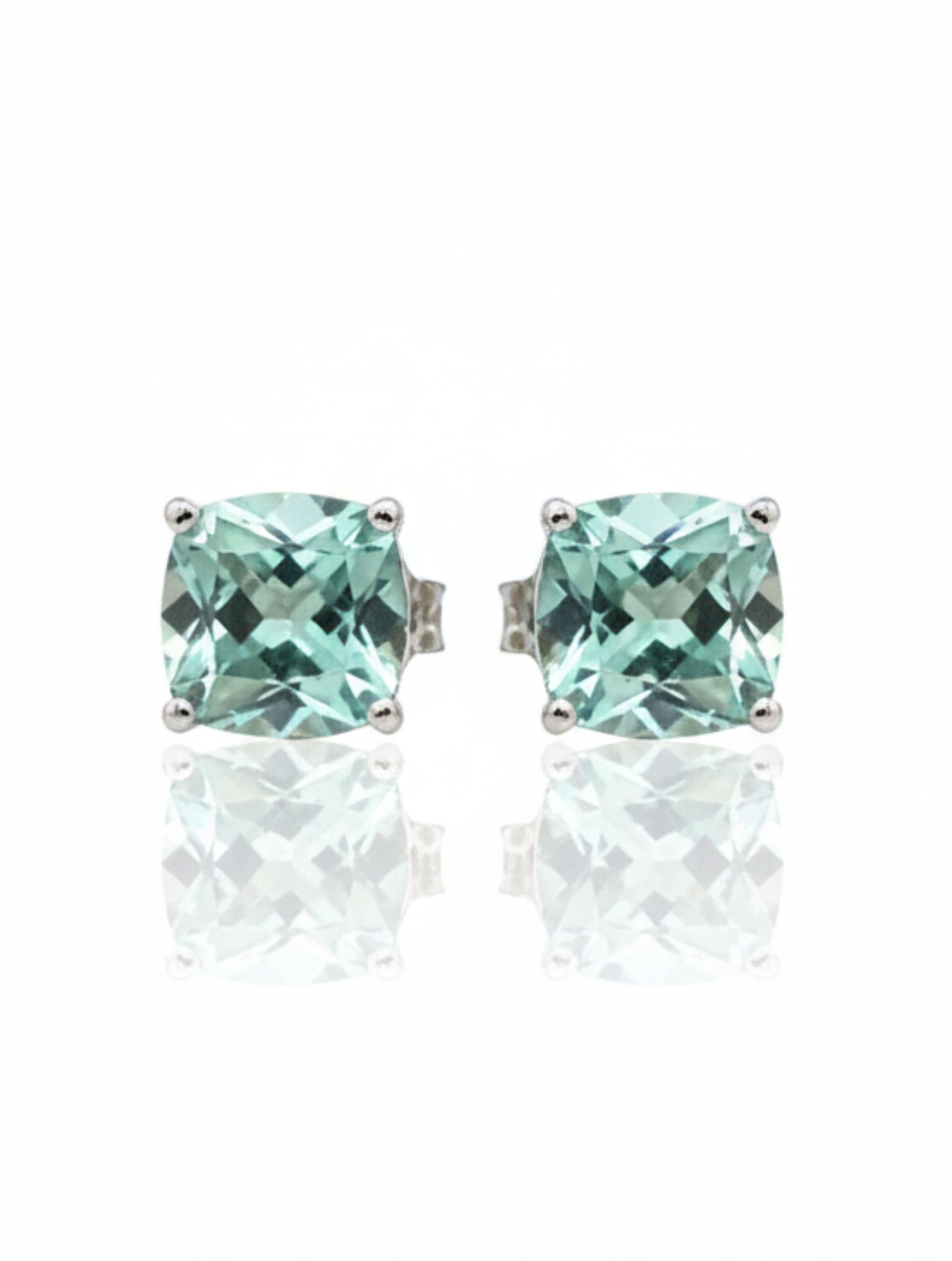 Natural Green Amethyst Cushion-Cut Solitaire Stud Earrings in 925 Sterling Silver