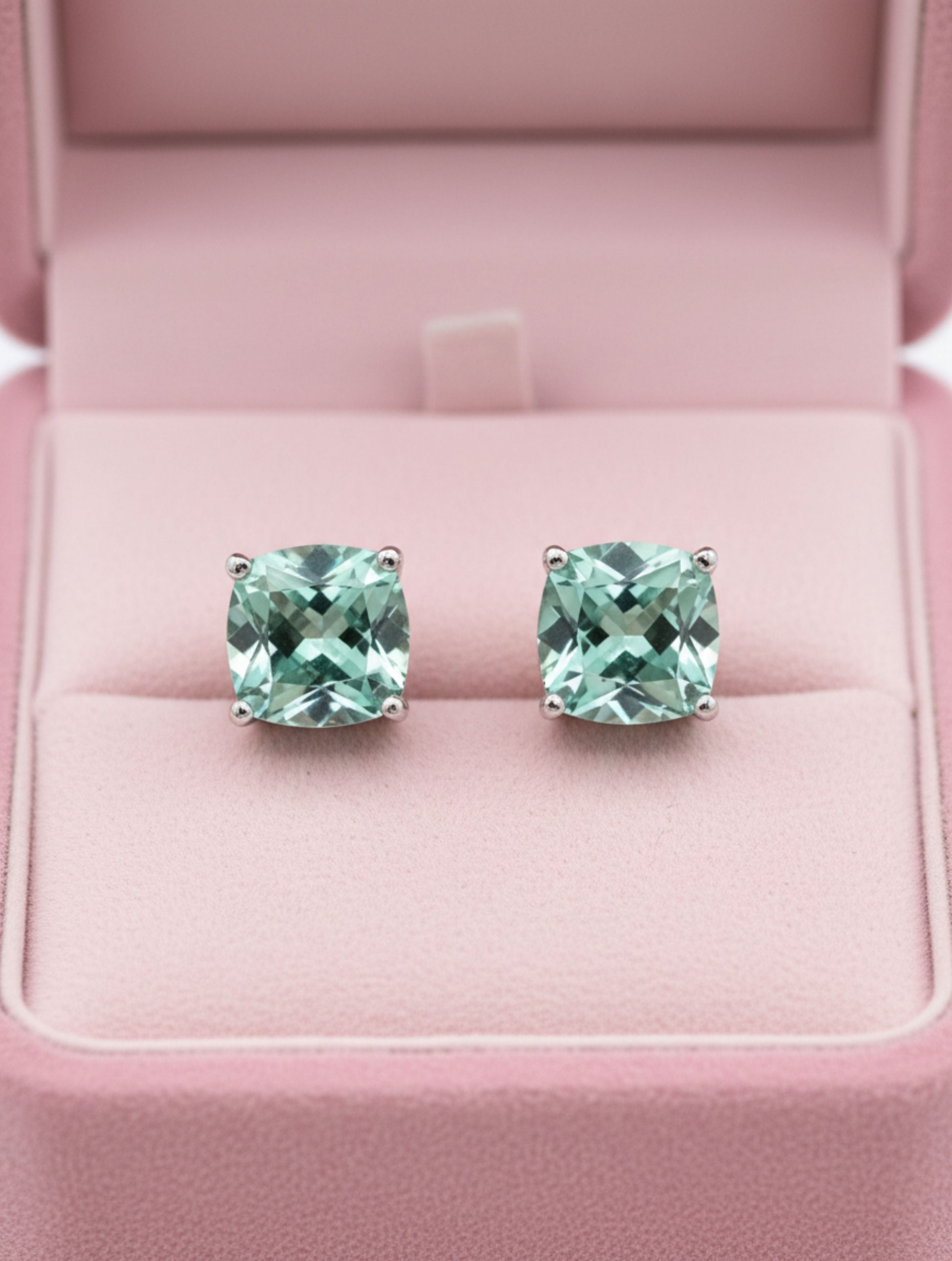 Natural Green Amethyst Cushion-Cut Solitaire Stud Earrings in 925 Sterling Silver
