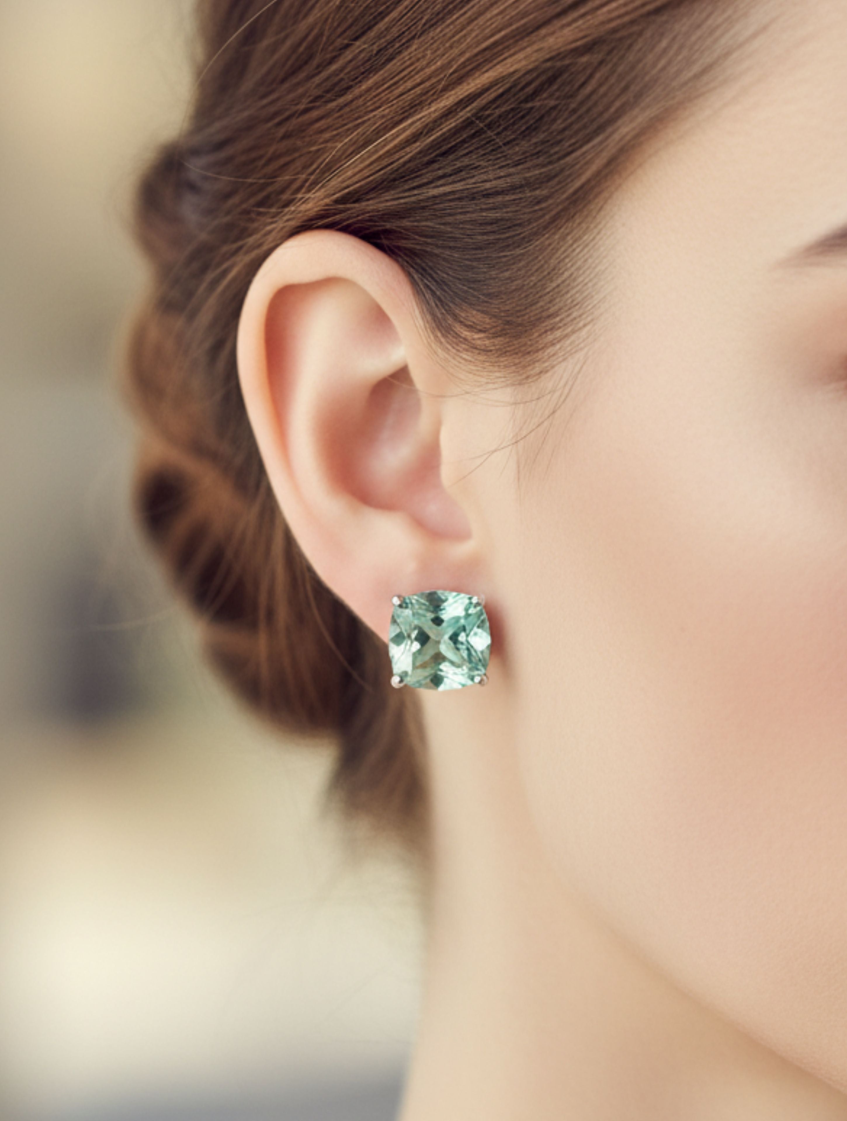 Natural Green Amethyst Cushion-Cut Solitaire Stud Earrings in 925 Sterling Silver