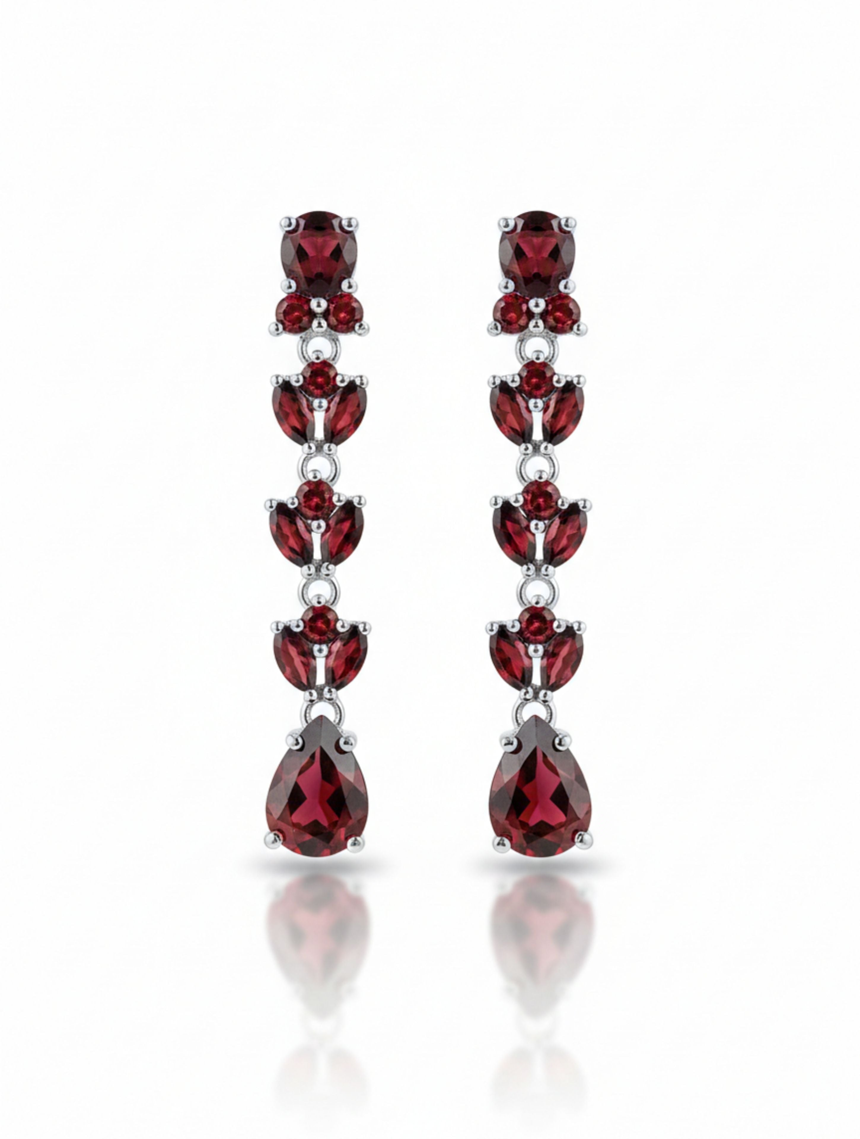 Natural Garnet Tiered Drop Earrings in .925 Sterling Silver | Floral Marquise & Pear-Cut Dangles