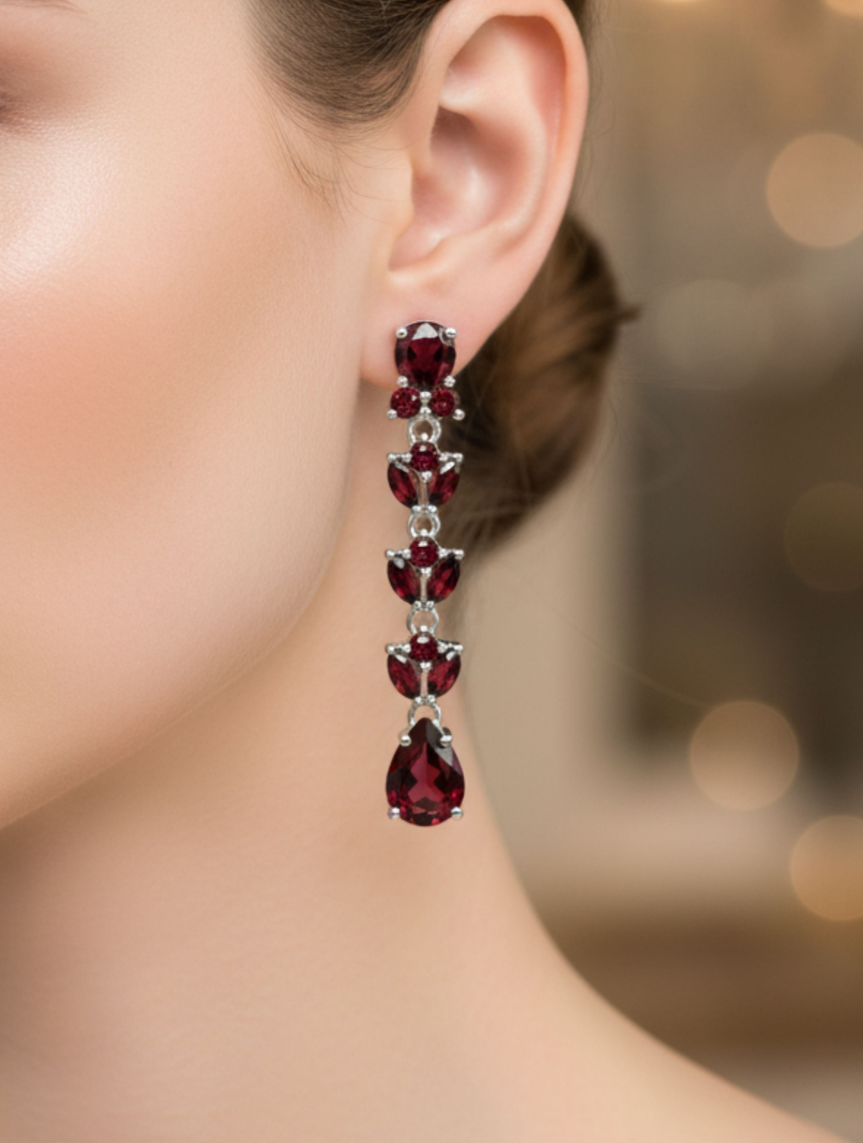 Natural Garnet Tiered Drop Earrings in .925 Sterling Silver | Floral Marquise & Pear-Cut Dangles