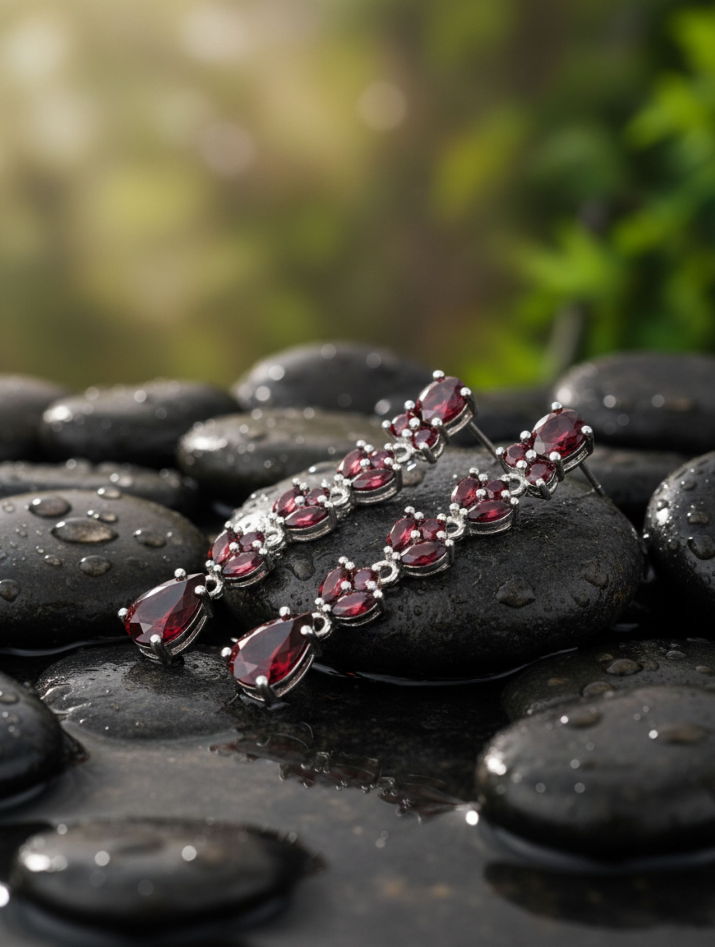 Natural Garnet Tiered Drop Earrings in .925 Sterling Silver | Floral Marquise & Pear-Cut Dangles