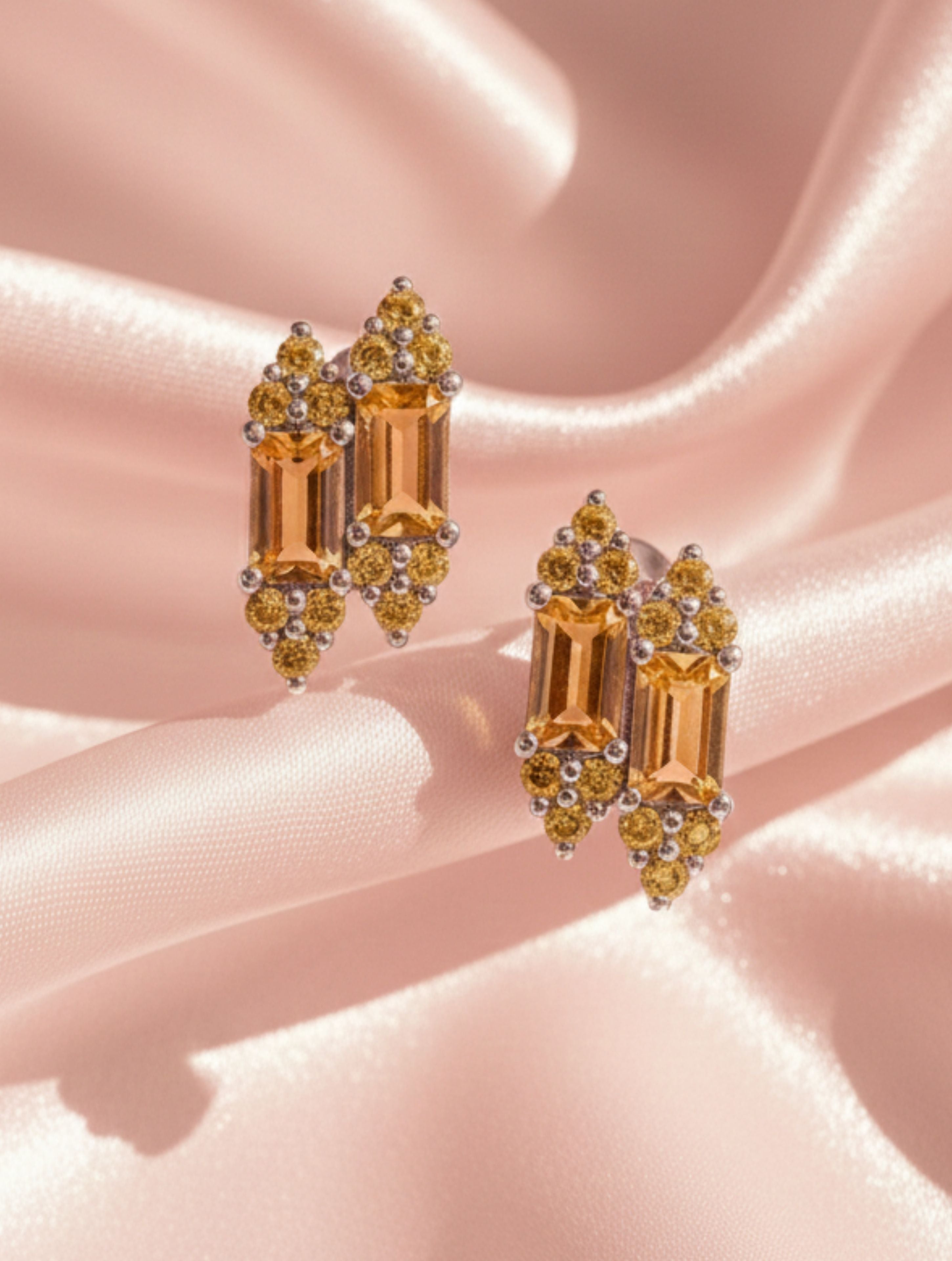 Natural Citrine Duo-Baguette Stud Earrings in 925 Sterling Silver