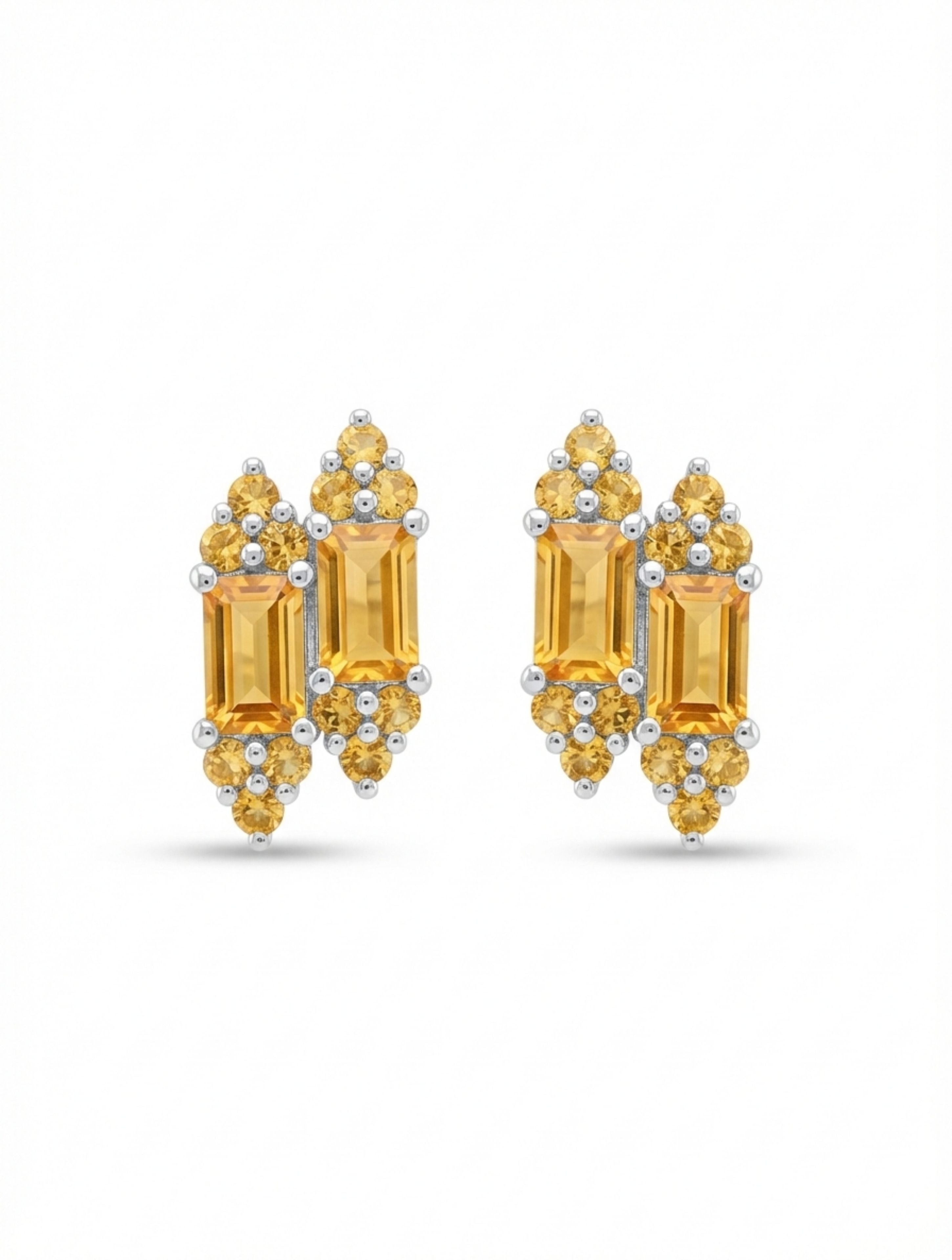 Natural Citrine Duo-Baguette Stud Earrings in 925 Sterling Silver