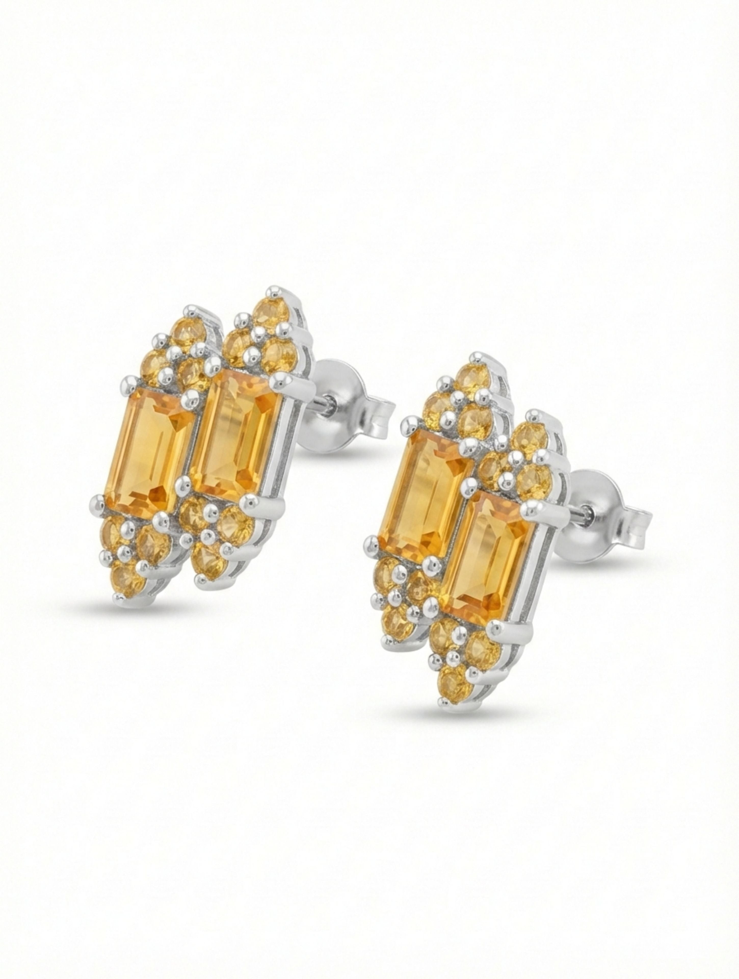 Natural Citrine Duo-Baguette Stud Earrings in 925 Sterling Silver
