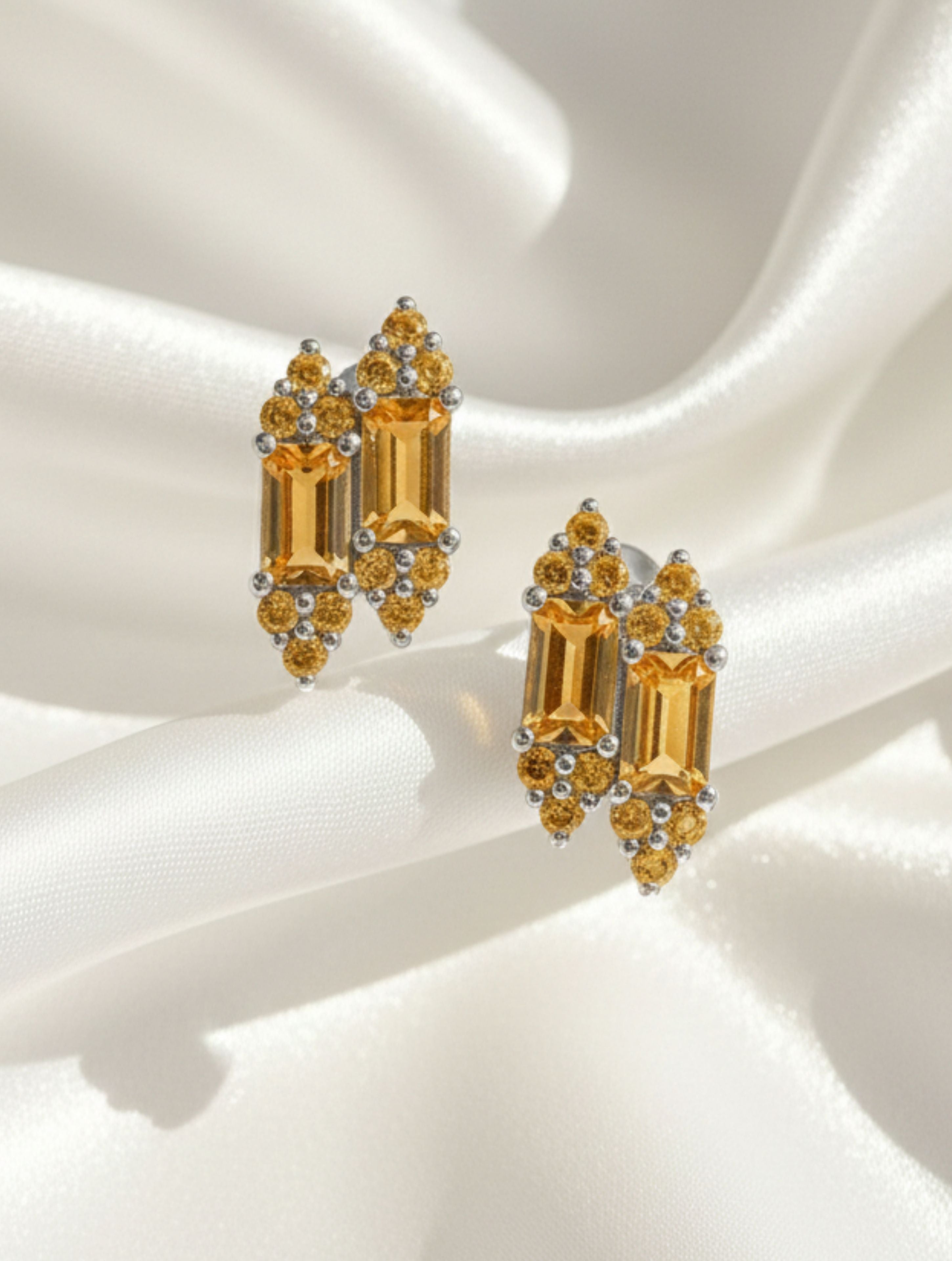 Natural Citrine Duo-Baguette Stud Earrings in 925 Sterling Silver