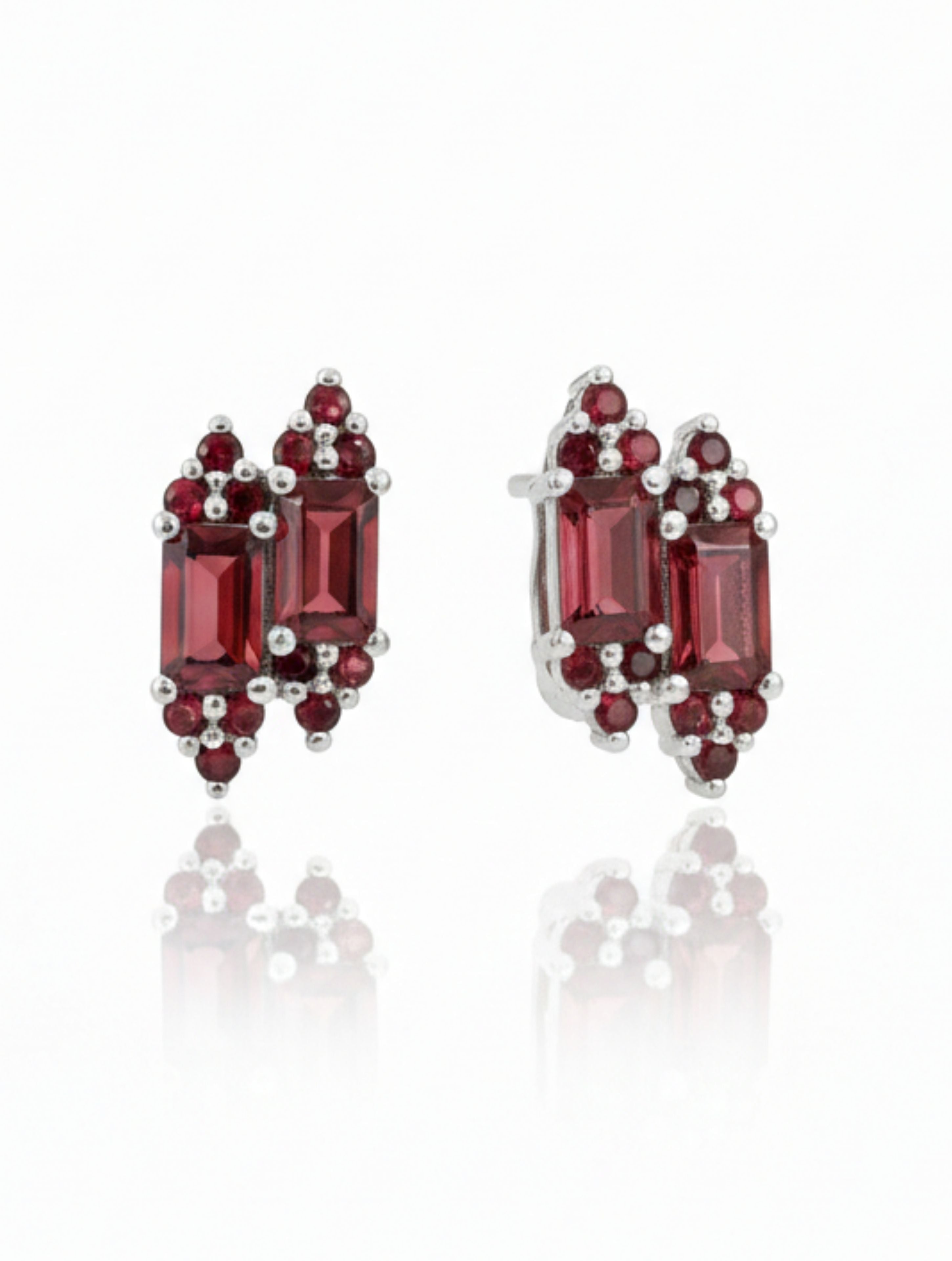 Natural Red Garnet Duo-Baguette Stud Earrings in 925 Sterling Silver