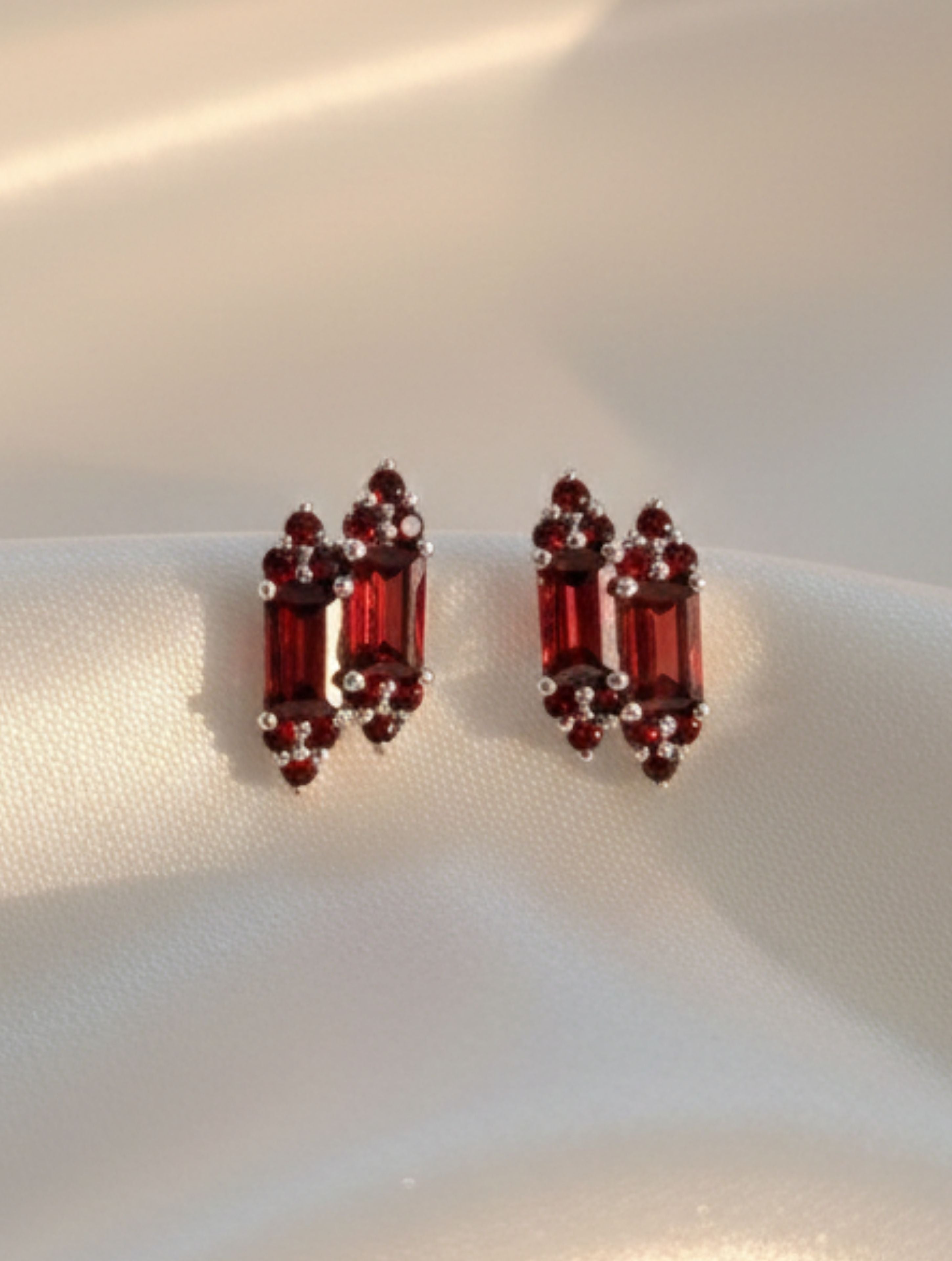 Natural Red Garnet Duo-Baguette Stud Earrings in 925 Sterling Silver