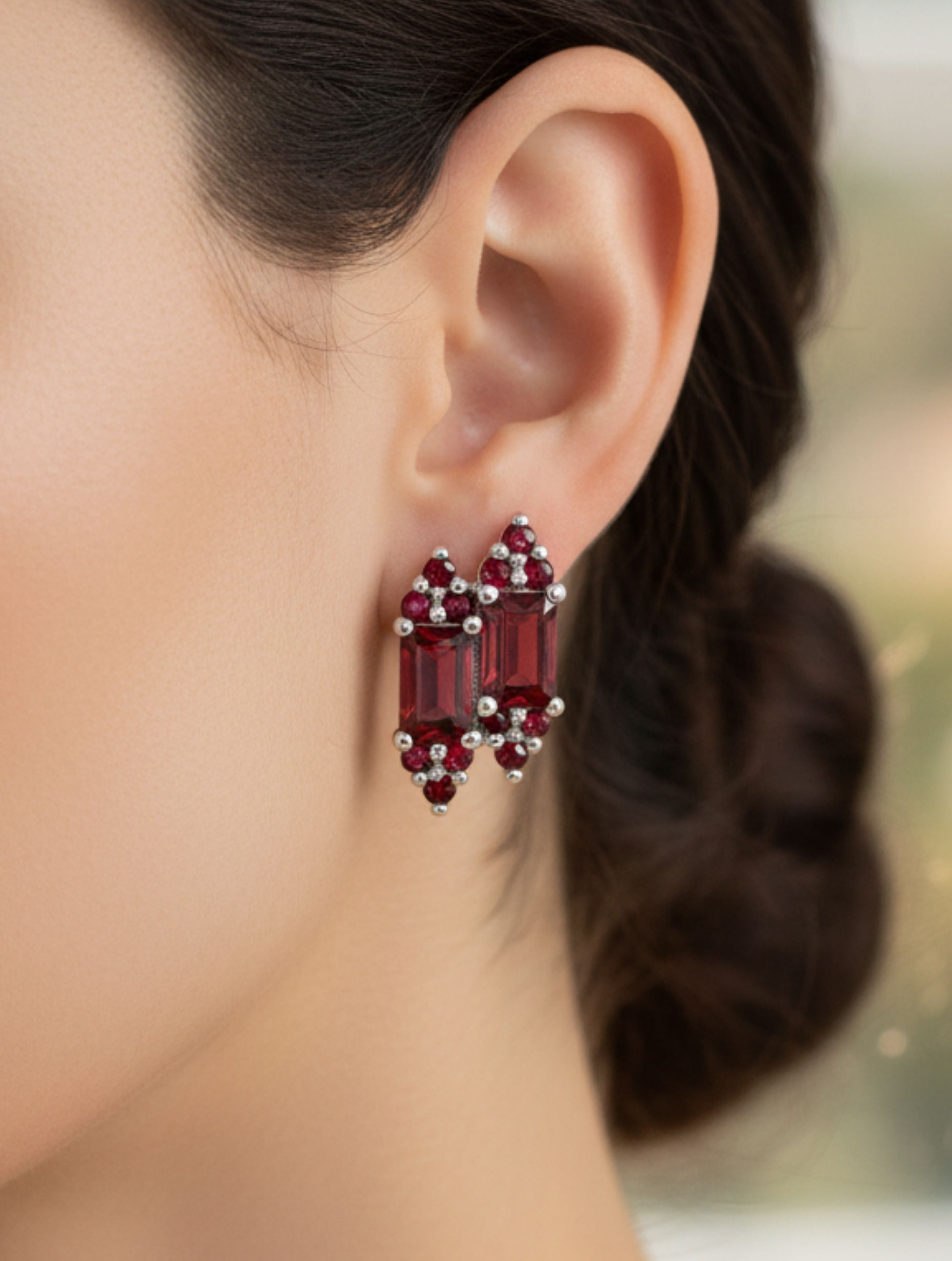 Natural Red Garnet Duo-Baguette Stud Earrings in 925 Sterling Silver
