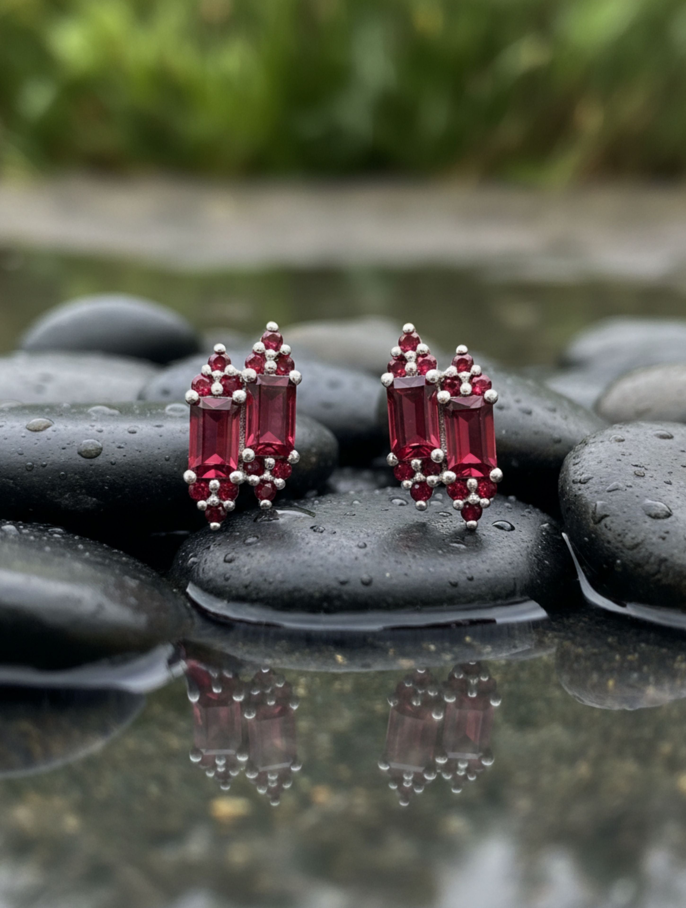 Natural Red Garnet Duo-Baguette Stud Earrings in 925 Sterling Silver