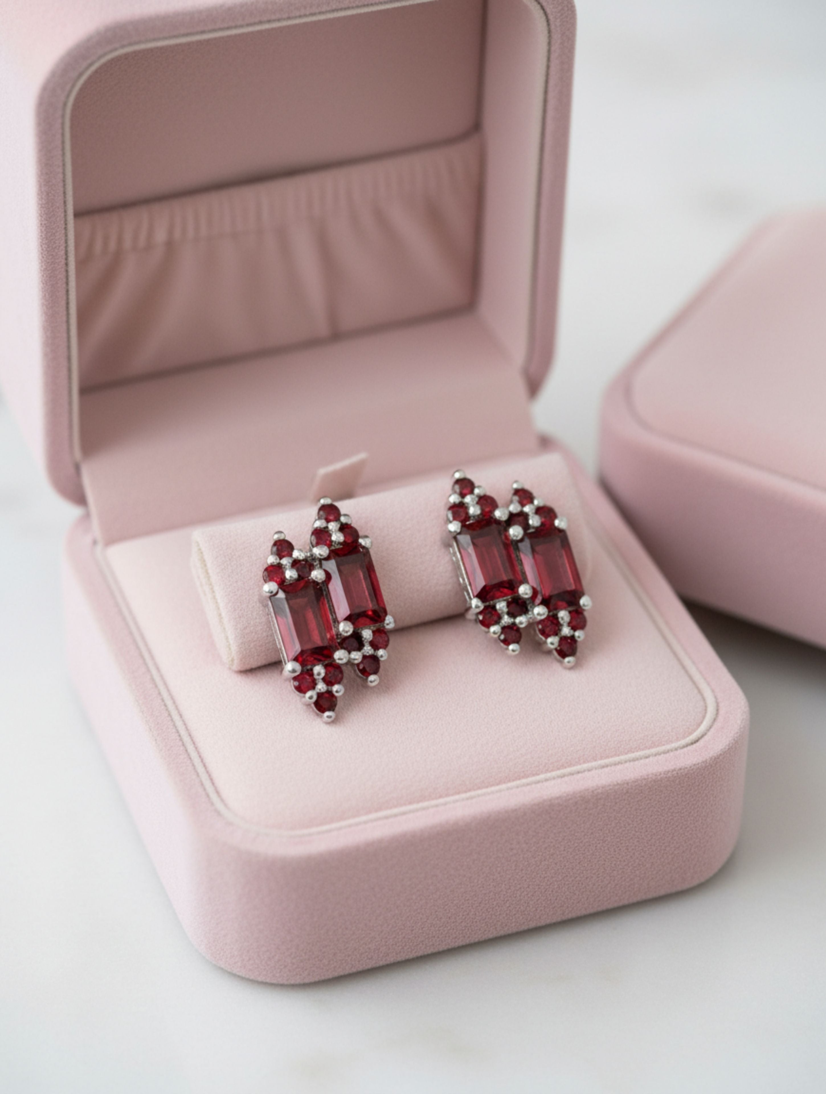 Natural Red Garnet Duo-Baguette Stud Earrings in 925 Sterling Silver