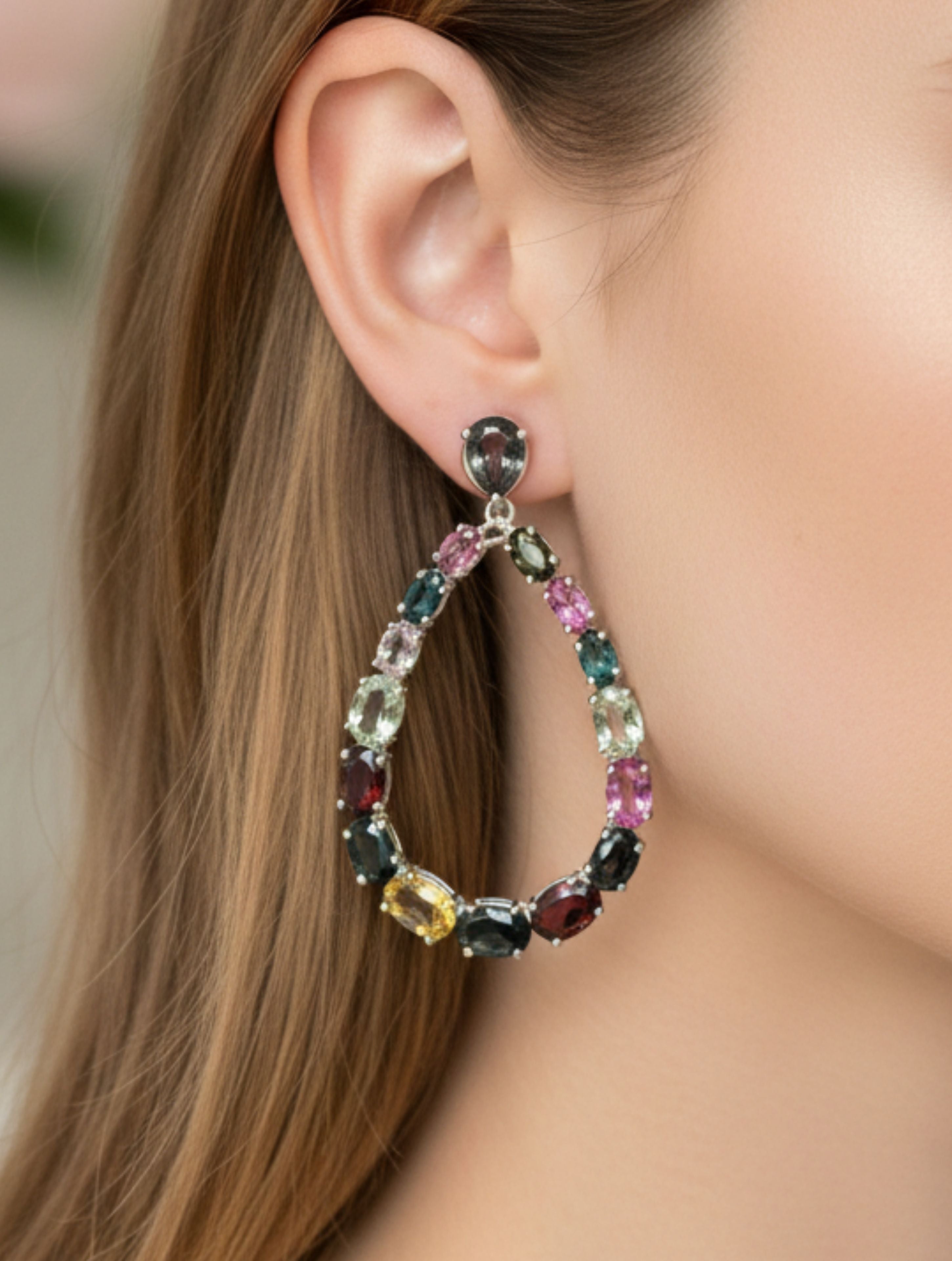 Multi-Tourmaline Teardrop Open-Hoop Earrings in 925 Sterling Silver