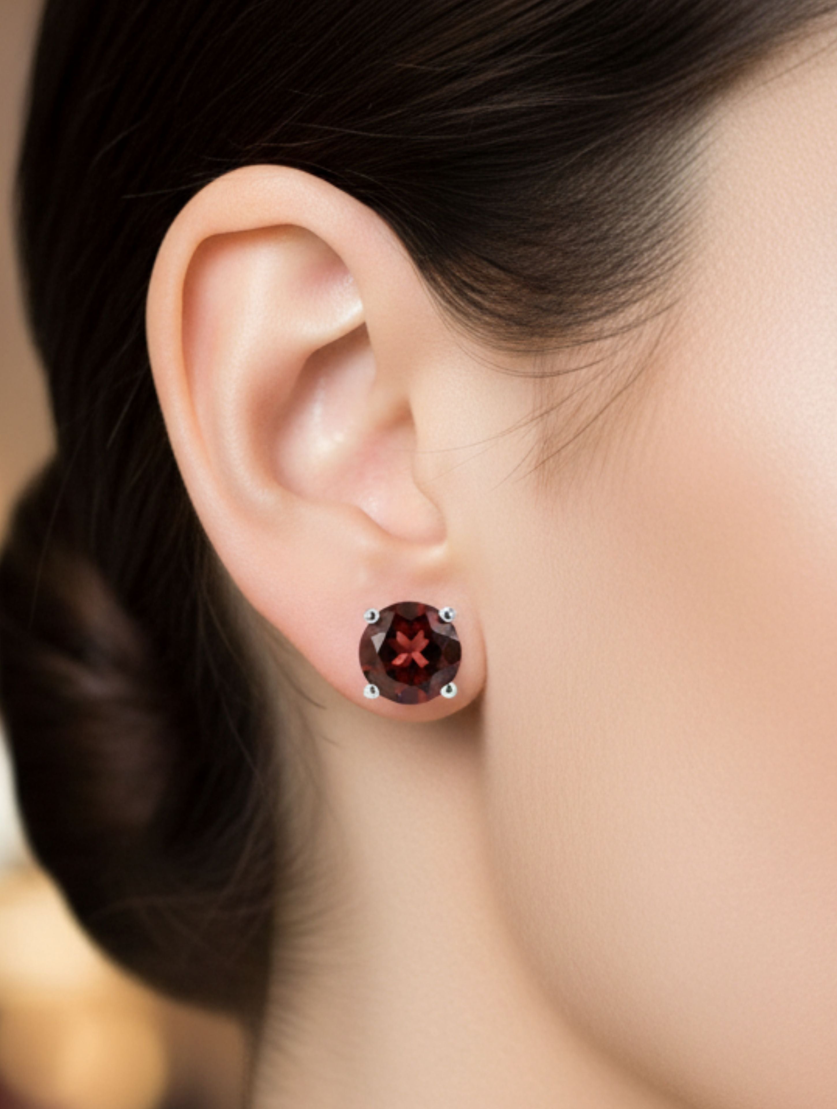 Natural Garnet Solitaire Studs in 925 Sterling Silver