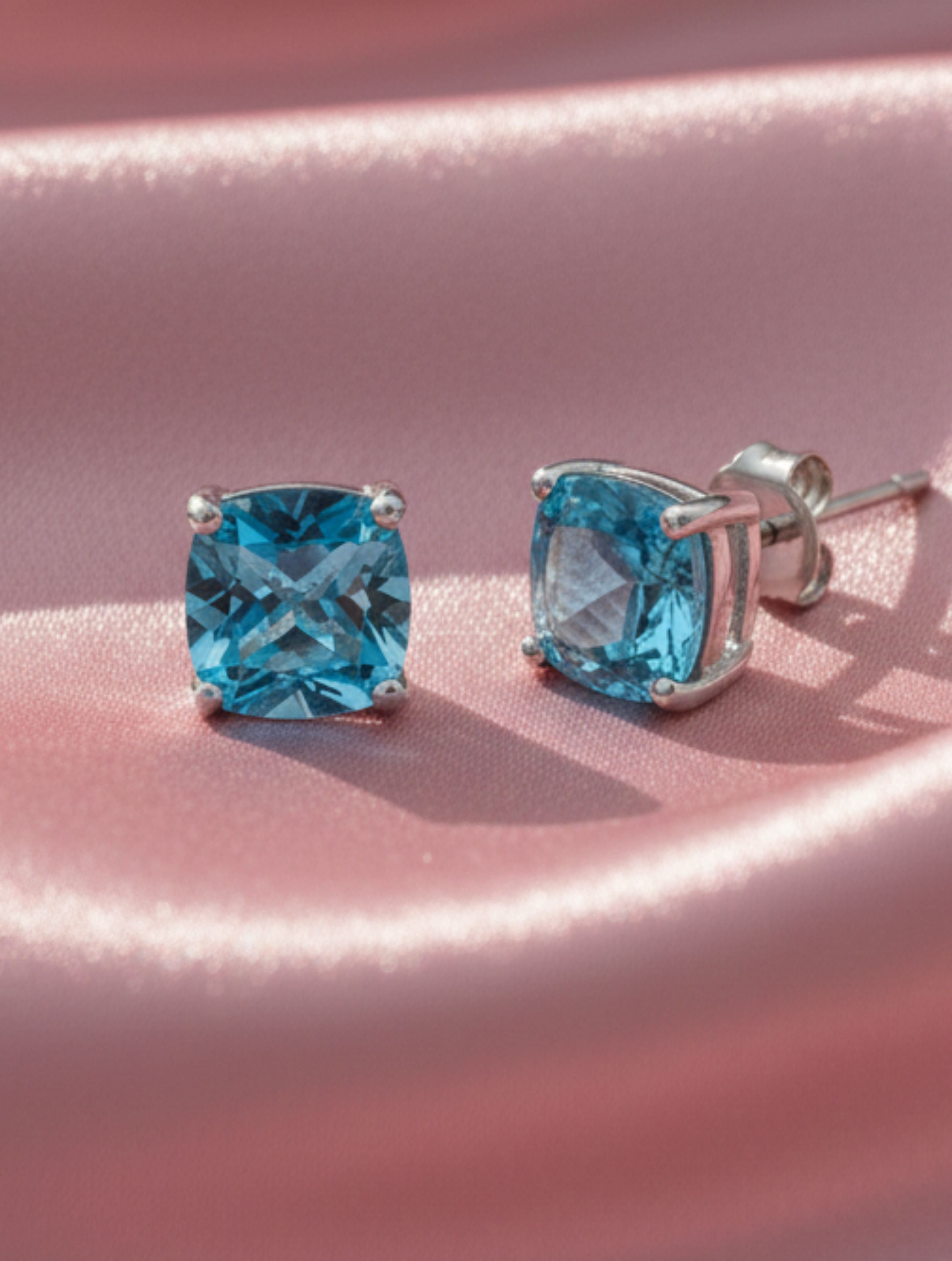 Blue Topaz Cushion-Cut Stud Earrings in 925 Sterling Silver