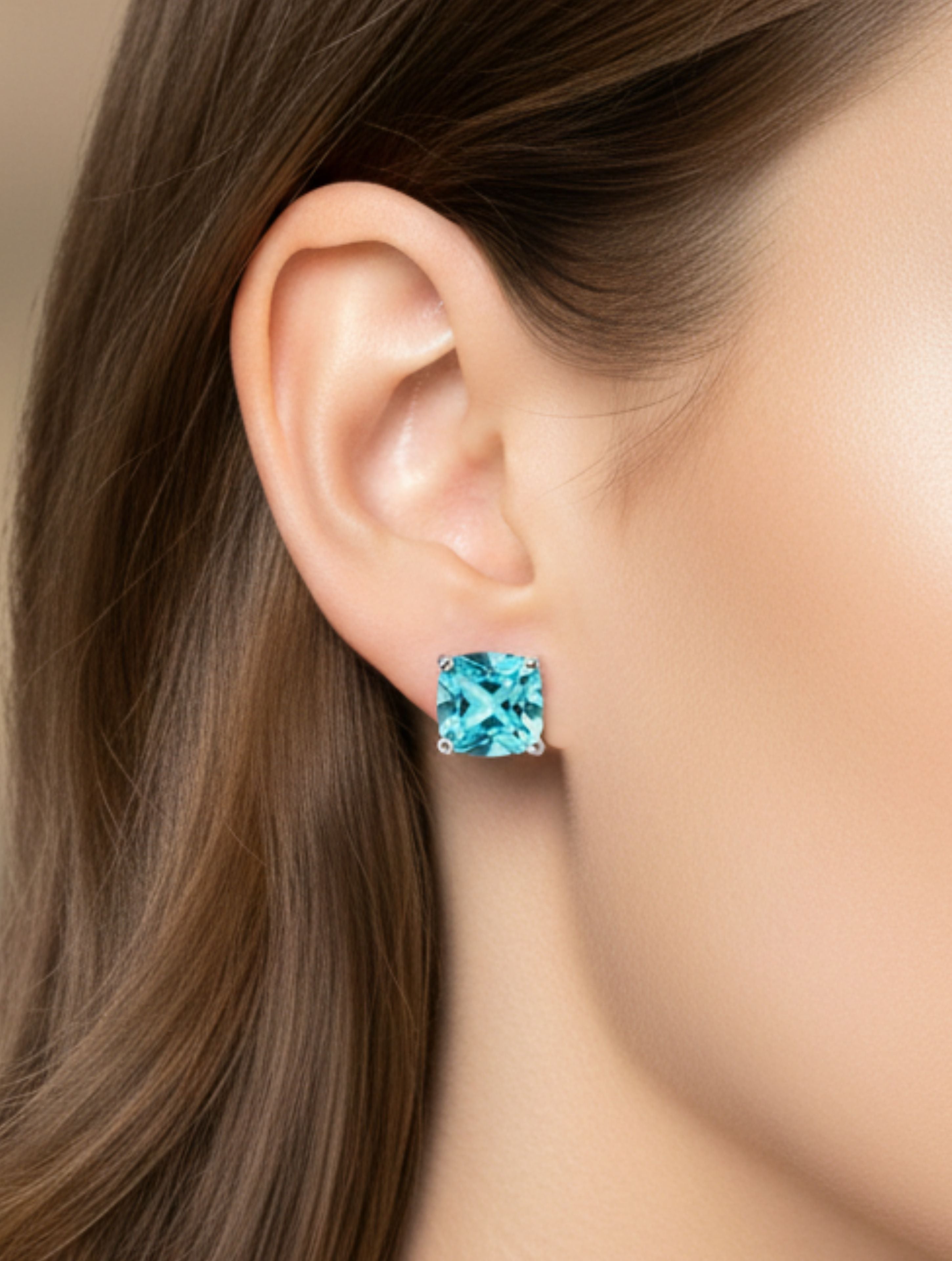 Blue Topaz Cushion-Cut Stud Earrings in 925 Sterling Silver