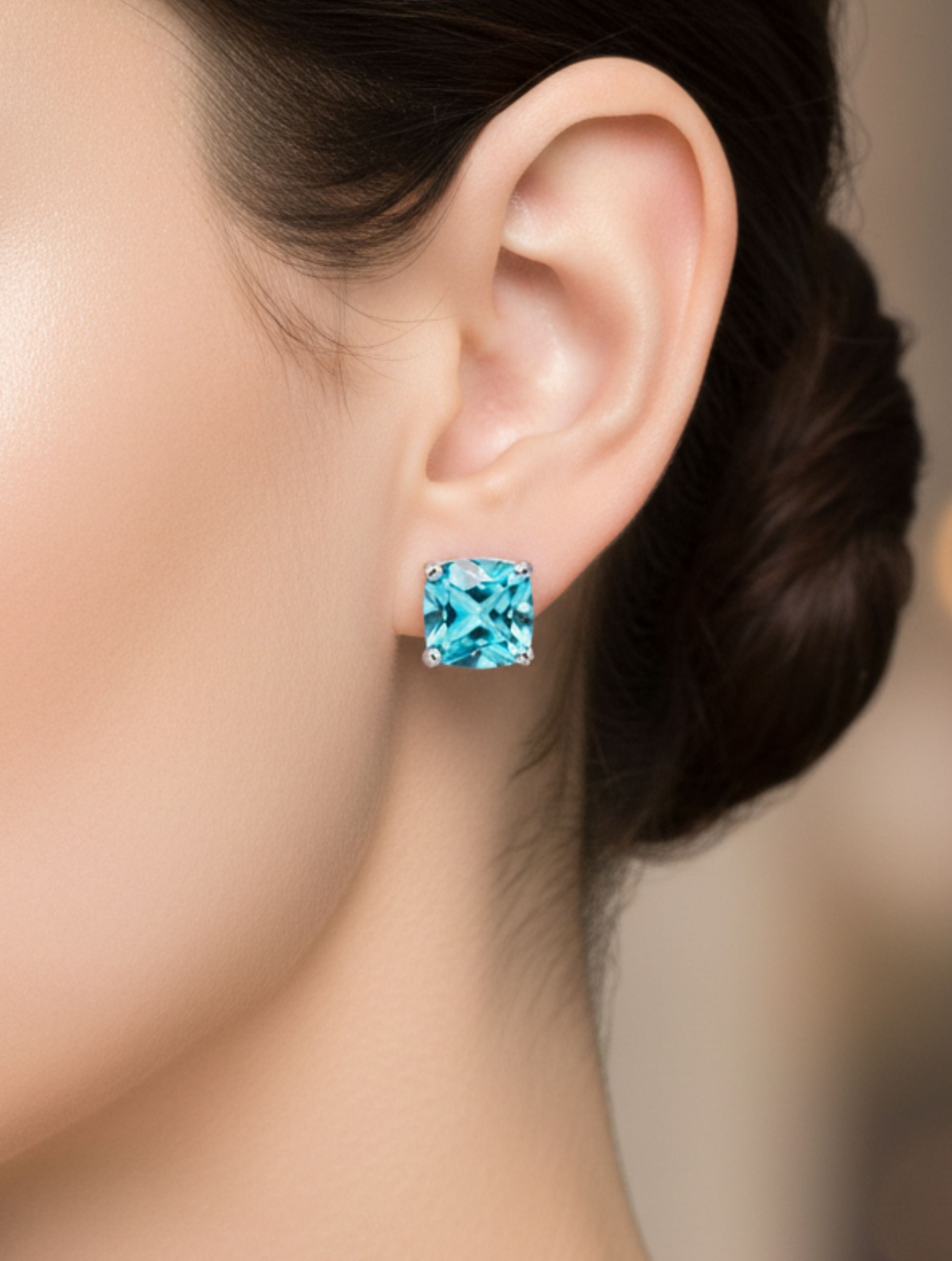 Blue Topaz Cushion-Cut Stud Earrings in 925 Sterling Silver