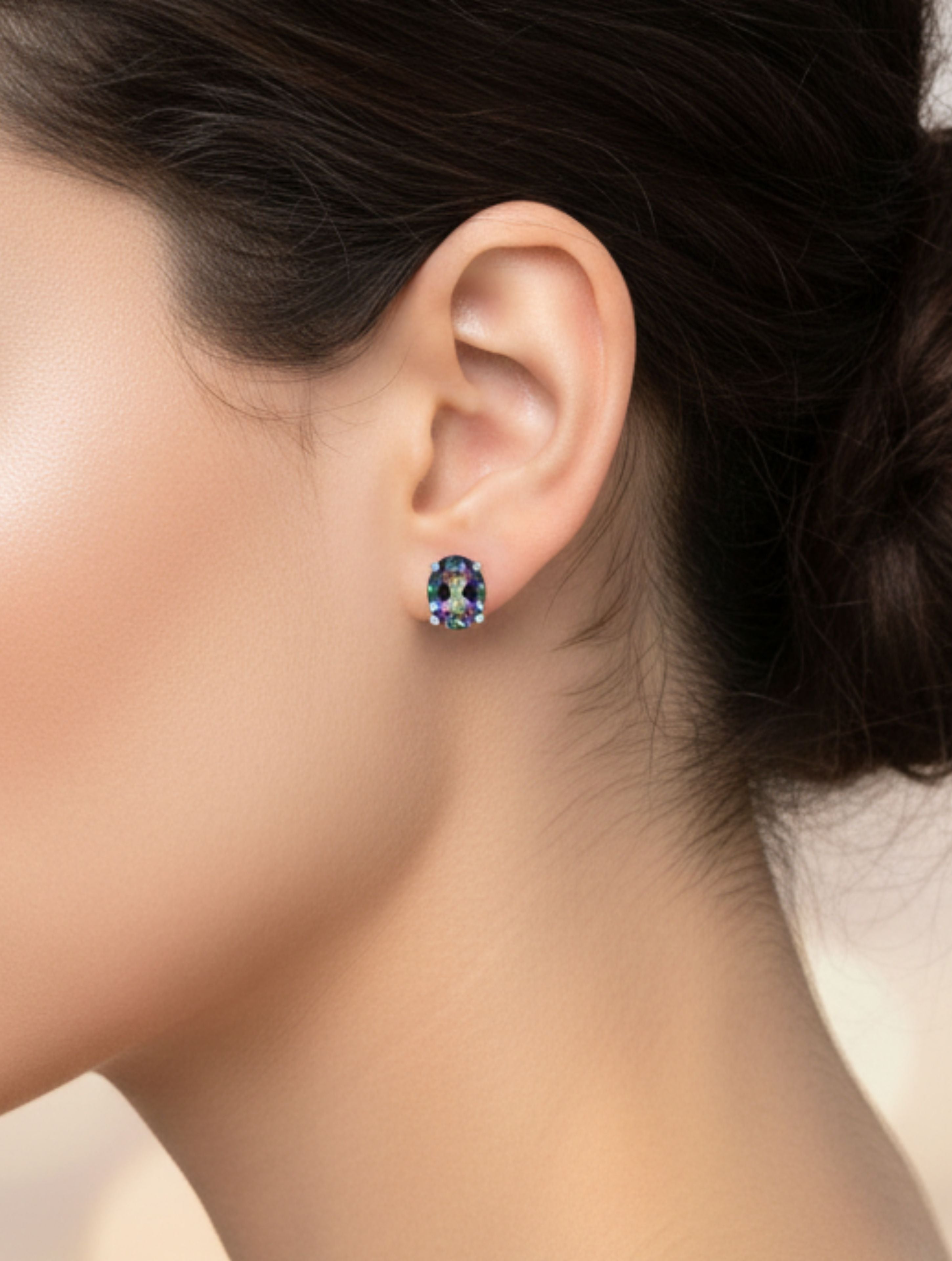 Rhodium Oval Mystic Topaz Pietra Studs 925 Sterling Silver Earrings For Women