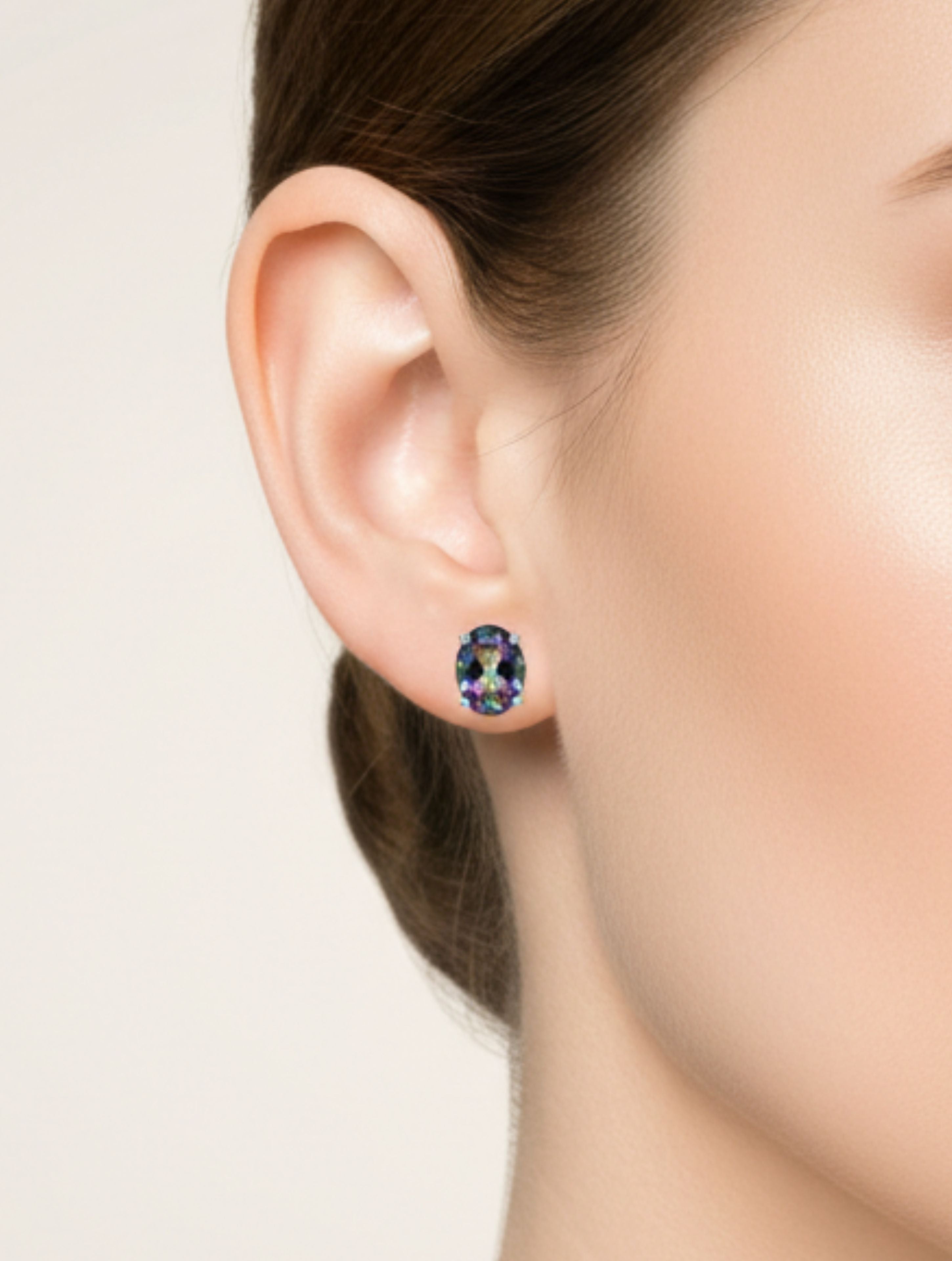 Rhodium Oval Mystic Topaz Pietra Studs 925 Sterling Silver Earrings For Women