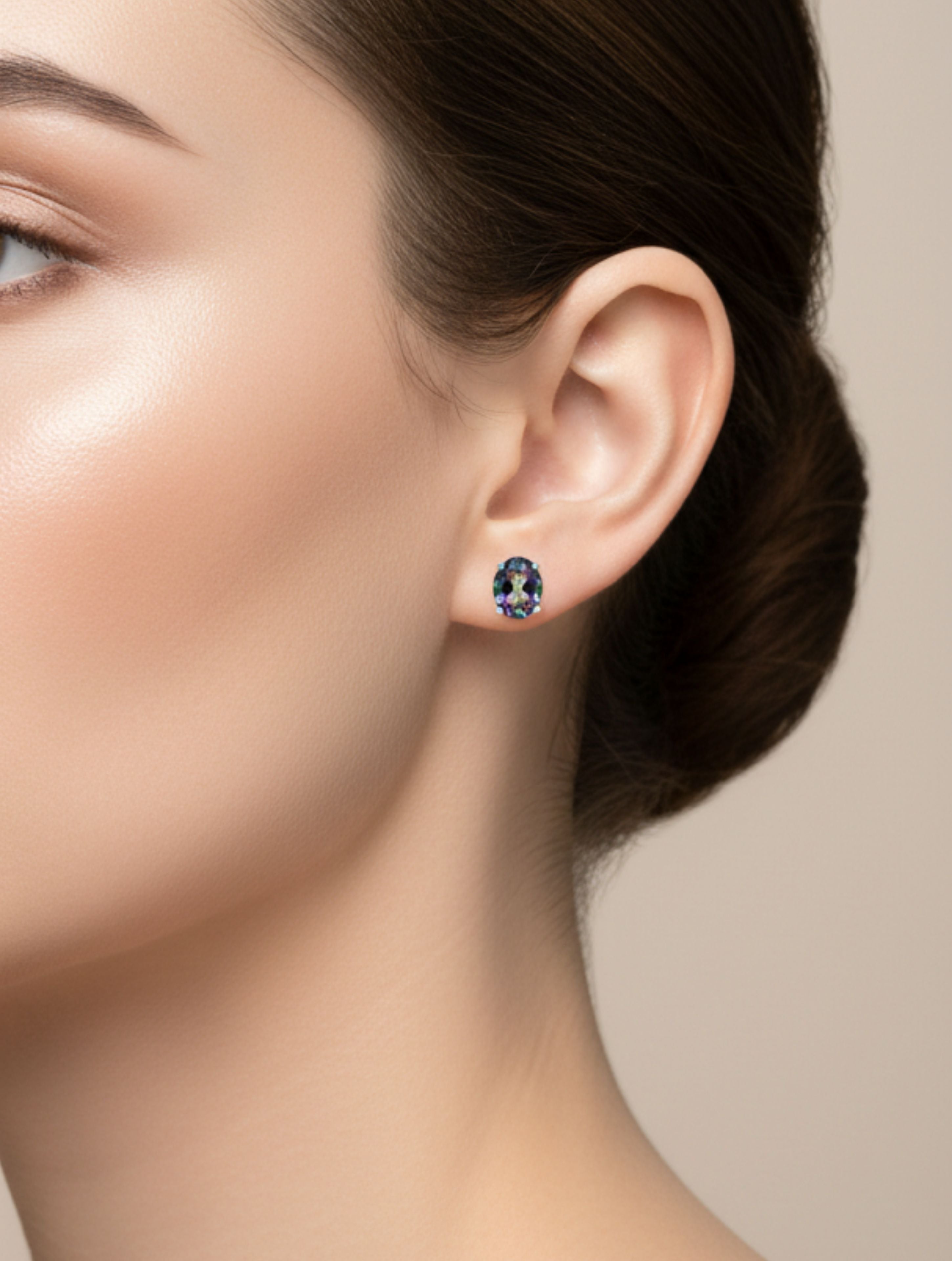 Rhodium Oval Mystic Topaz Pietra Studs 925 Sterling Silver Earrings For Women