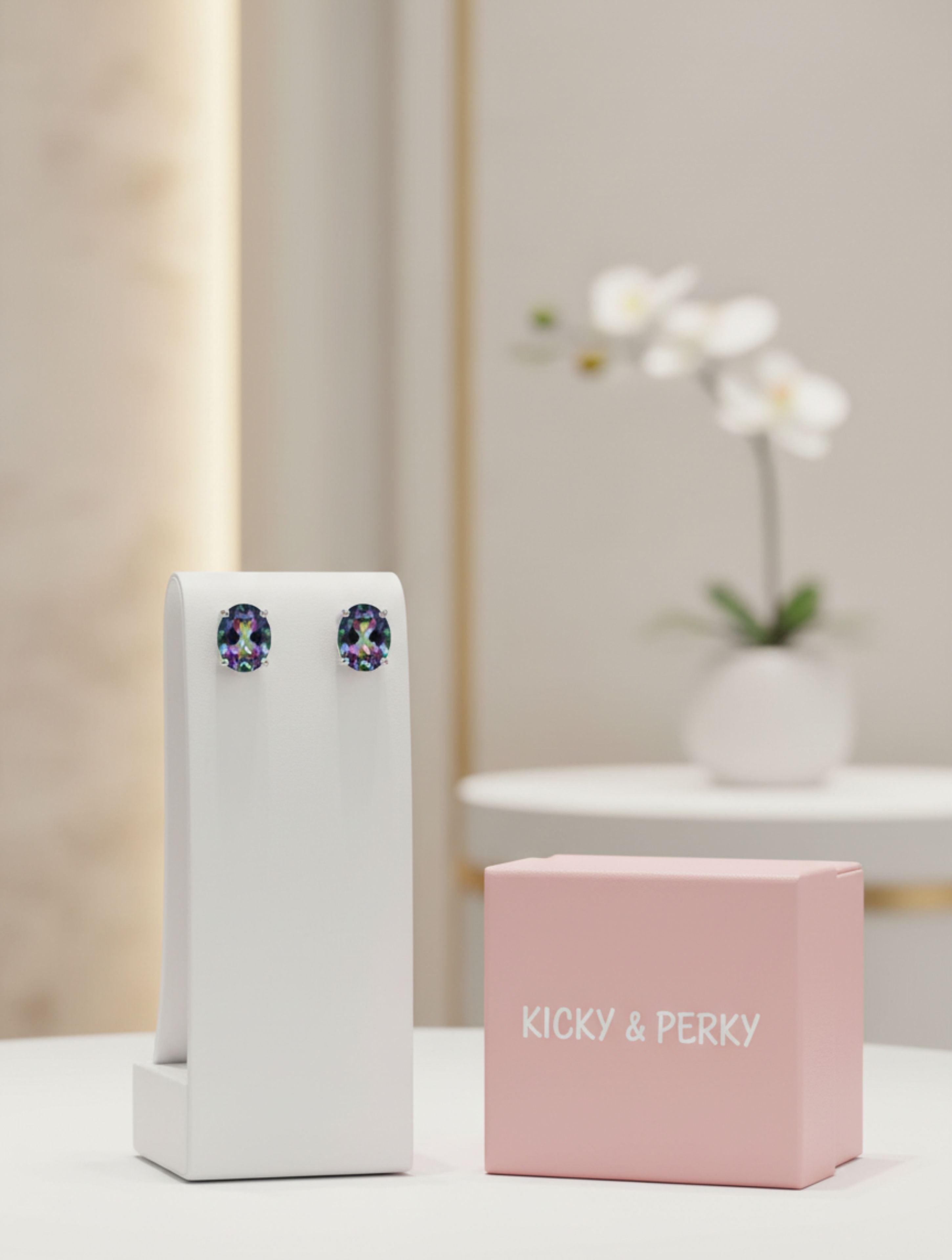 Rhodium Oval Mystic Topaz Pietra Studs 925 Sterling Silver Earrings For Women