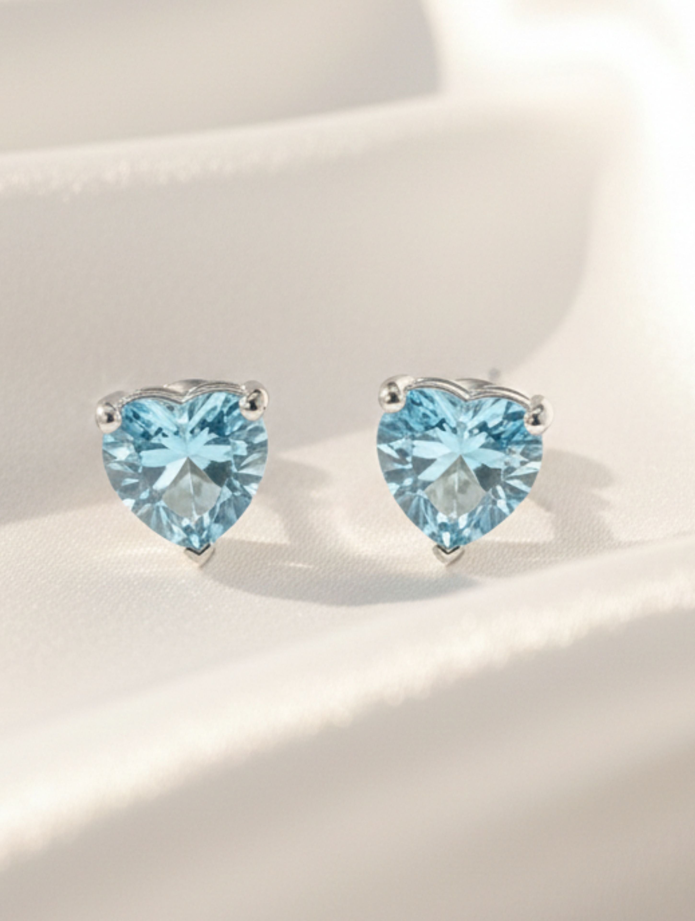 Natural Blue Topaz Stud Heart Shape Earrings in 925 Sterling Silver