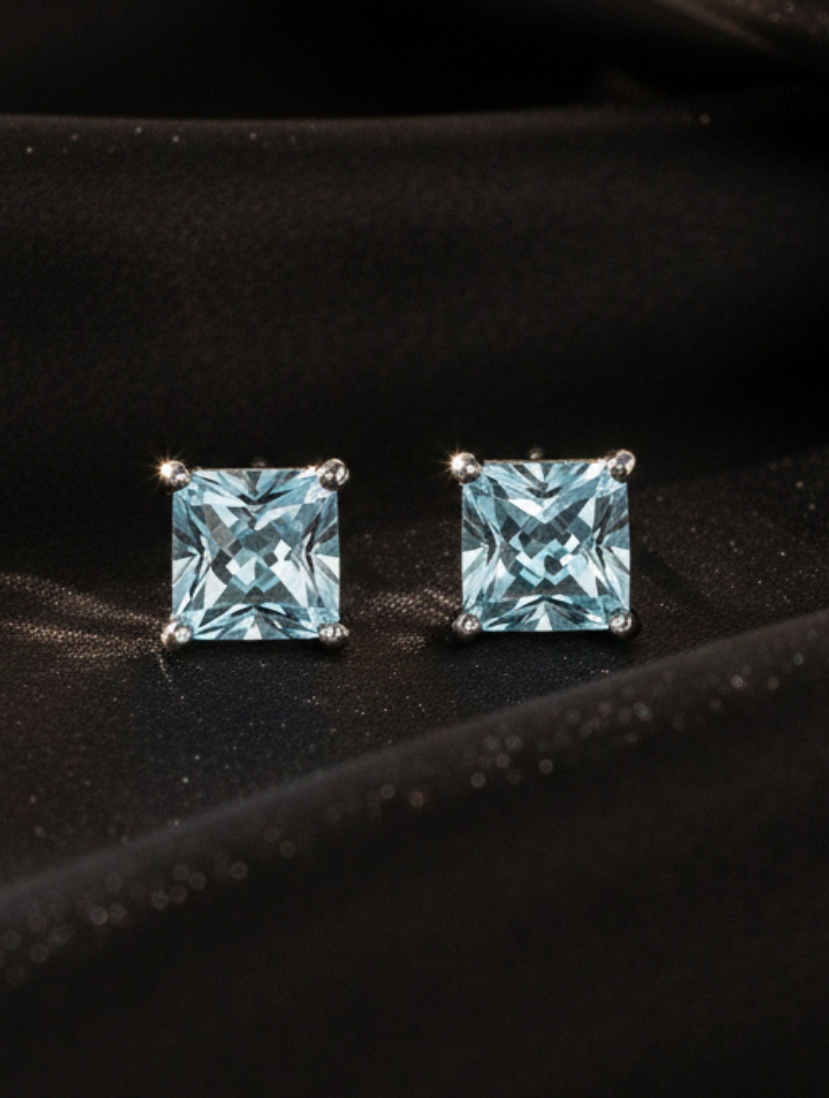 Princess-Cut Natural Aquamarine Stud Earrings in 925 Sterling Silver