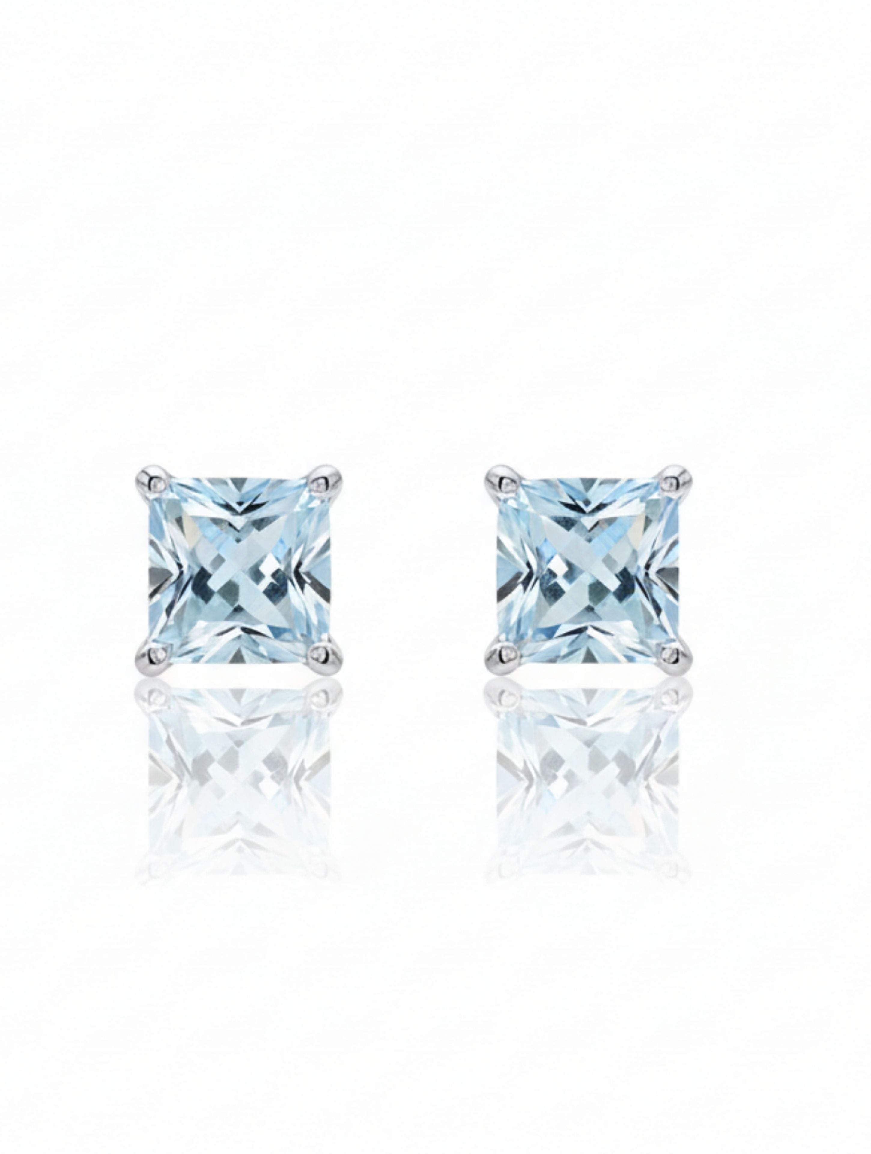 Princess-Cut Natural Aquamarine Stud Earrings in 925 Sterling Silver