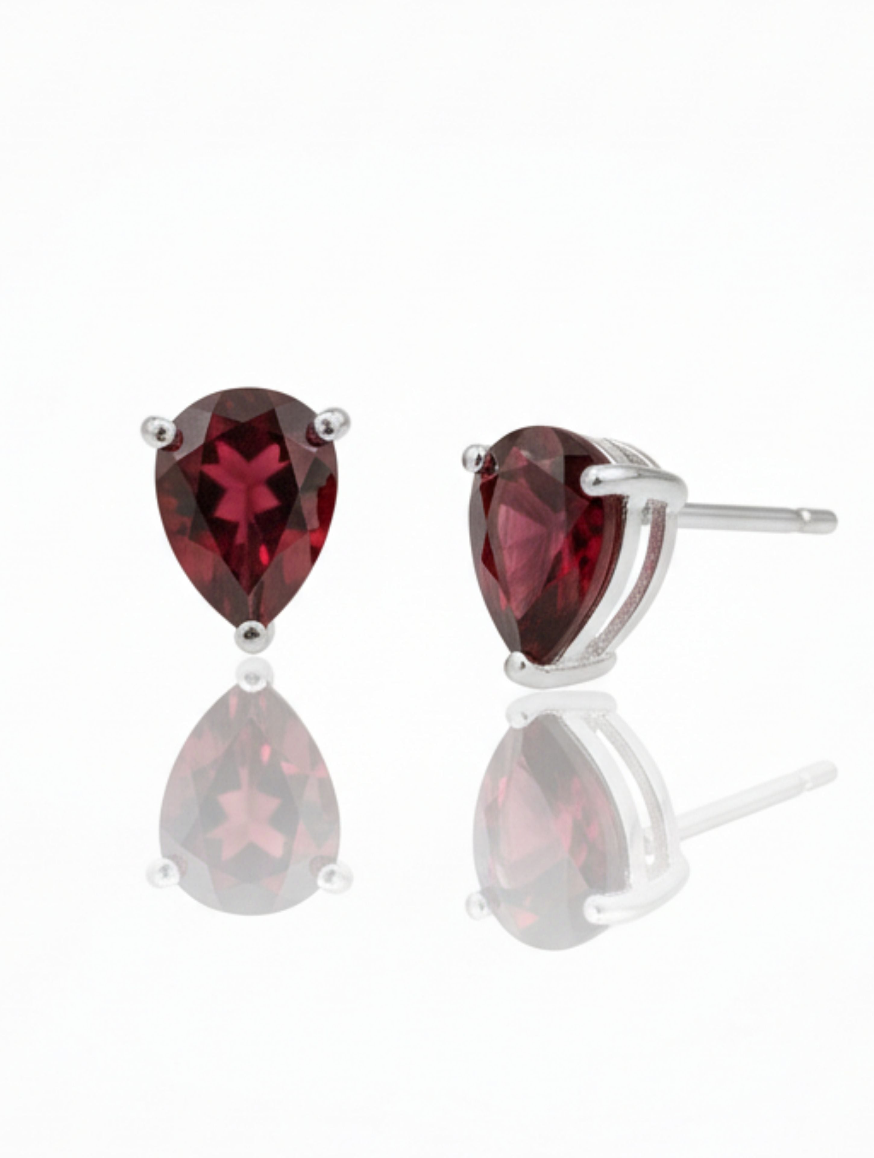 Natural Red Garnet Stud Earrings in 925 Sterling Silver | Pear-Cut Solitaire Drops