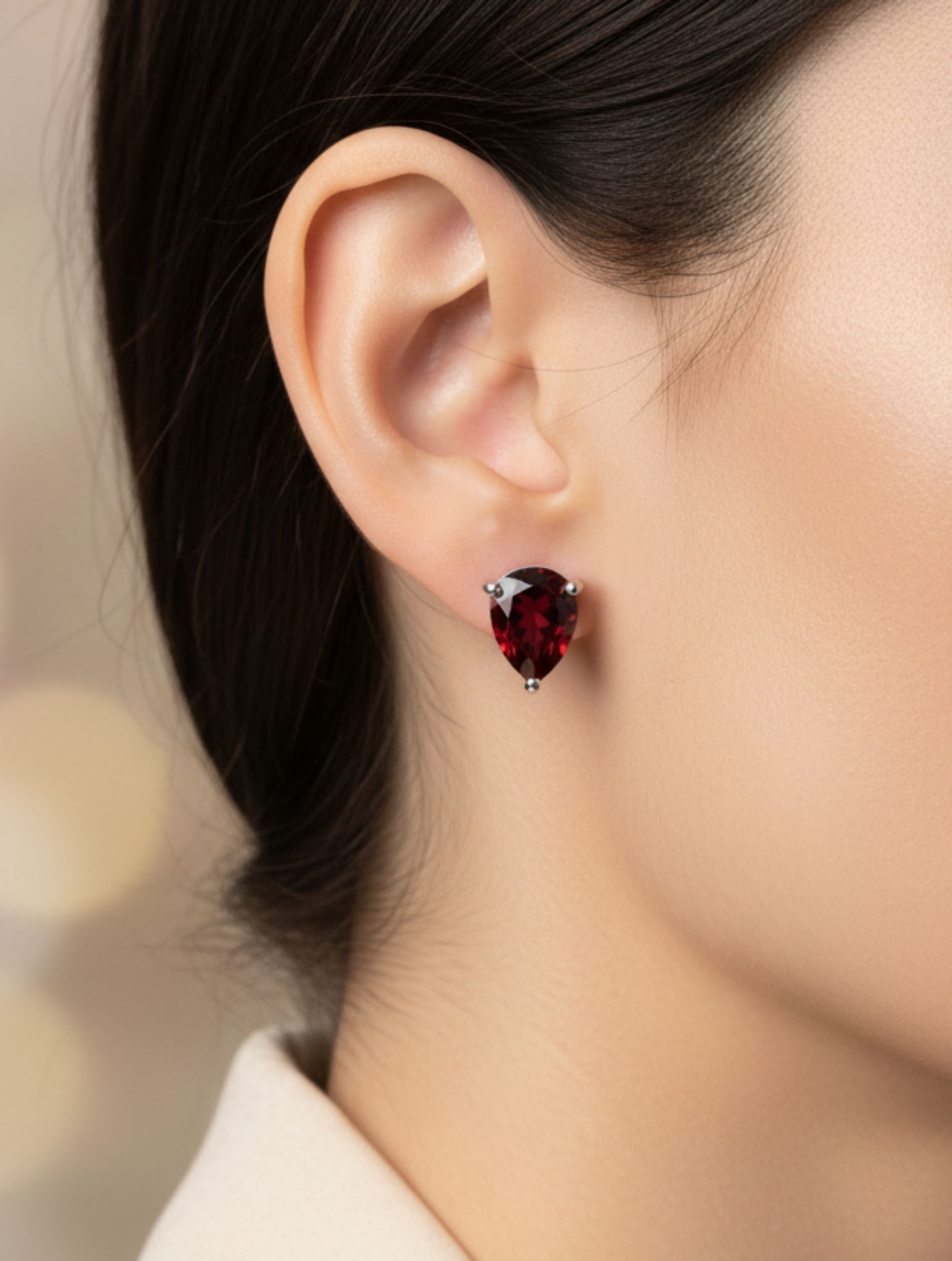 Natural Red Garnet Stud Earrings in 925 Sterling Silver | Pear-Cut Solitaire Drops
